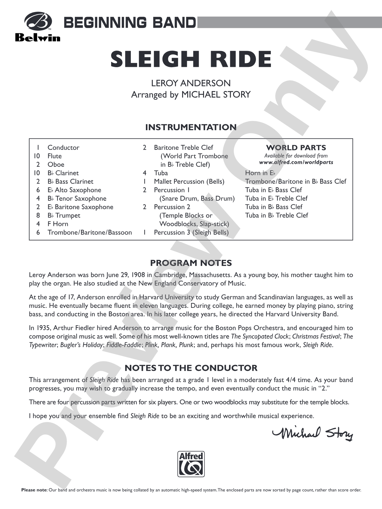 Sleigh Ride: Concert Band Conductor Score & Parts