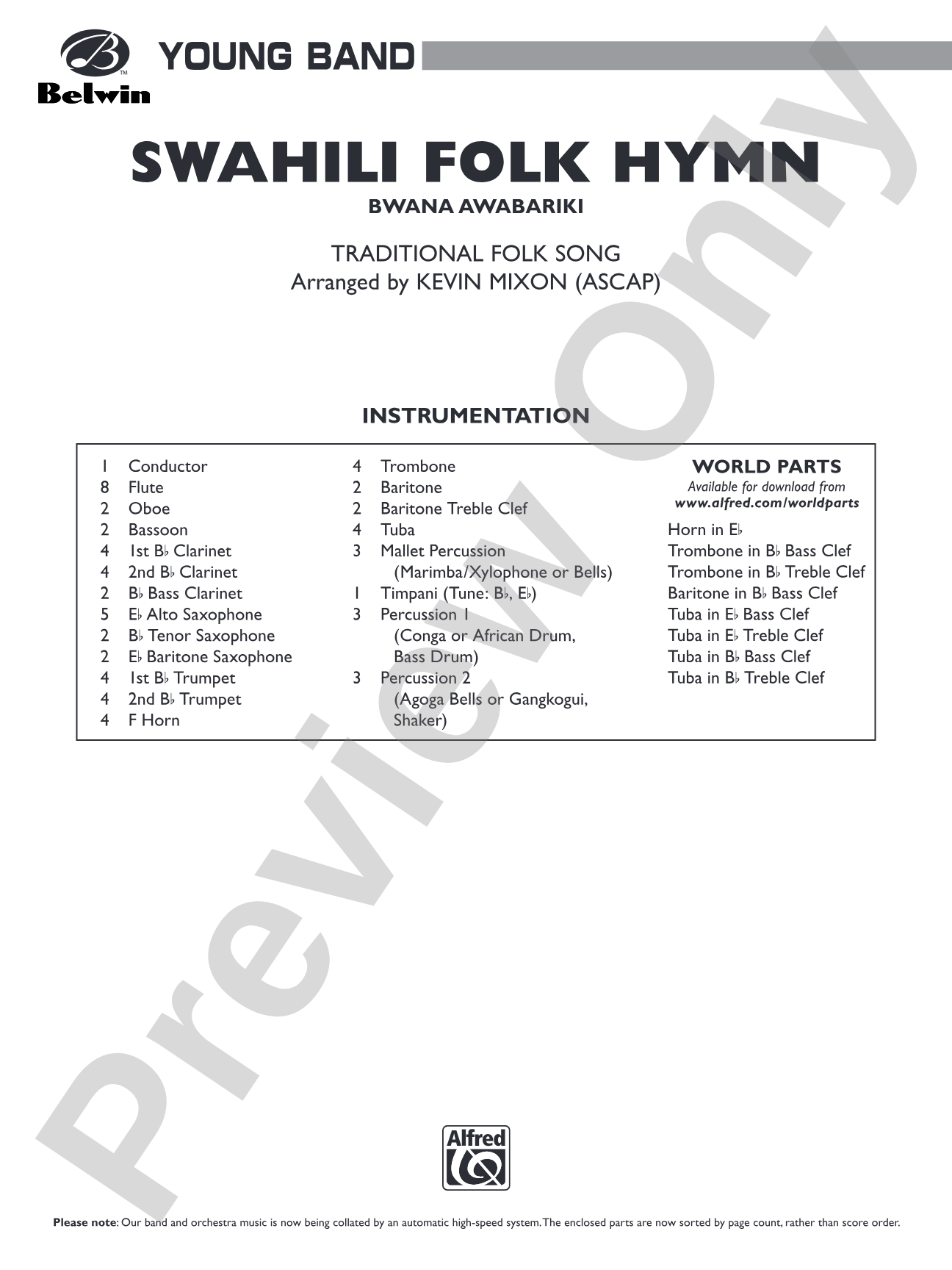 Swahili Folk Hymn (Bwana Awabariki): Concert Band Conductor Score & Parts