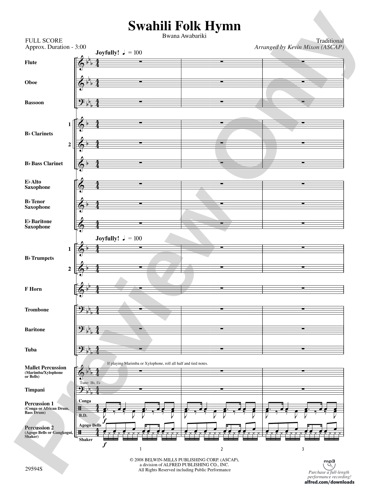 Swahili Folk Hymn (Bwana Awabariki): Concert Band Conductor Score & Parts