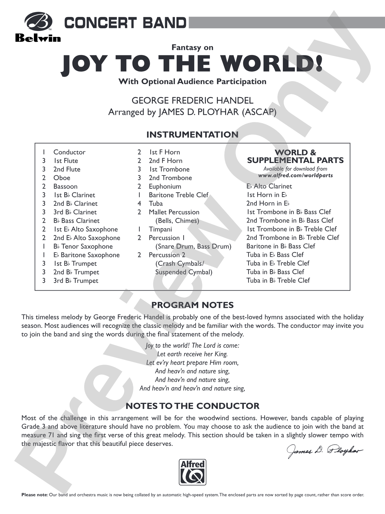 Joy to the World: Concert Band Conductor Score & Parts