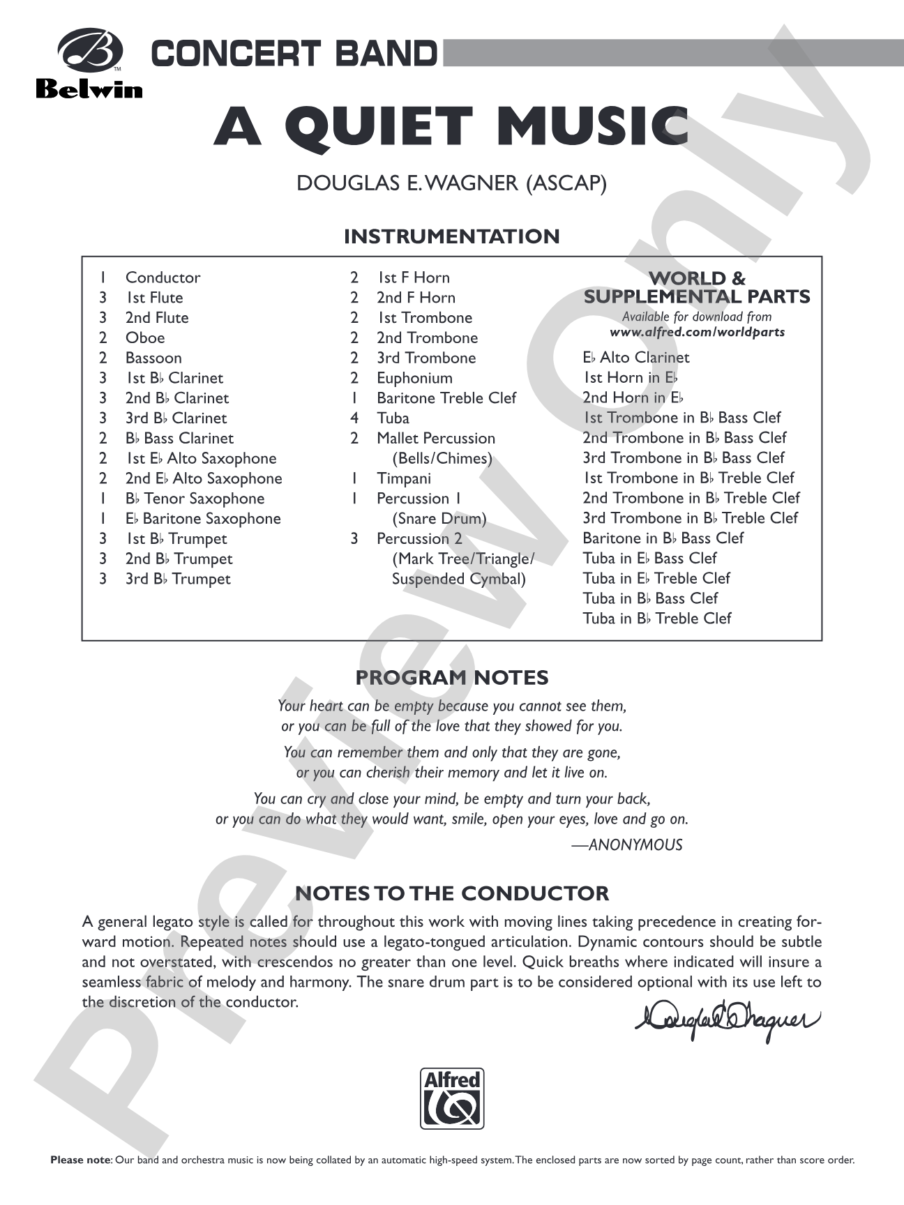A Quiet Music: Concert Band Conductor Score & Parts