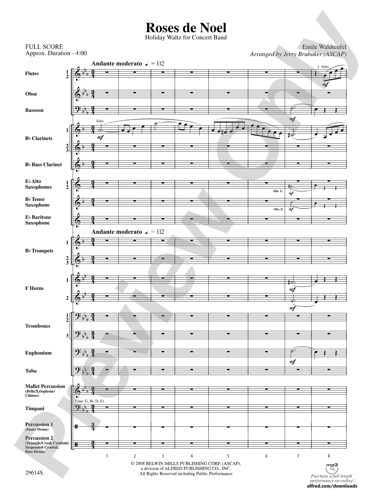 Roses de Noel: Concert Band Conductor Score & Parts