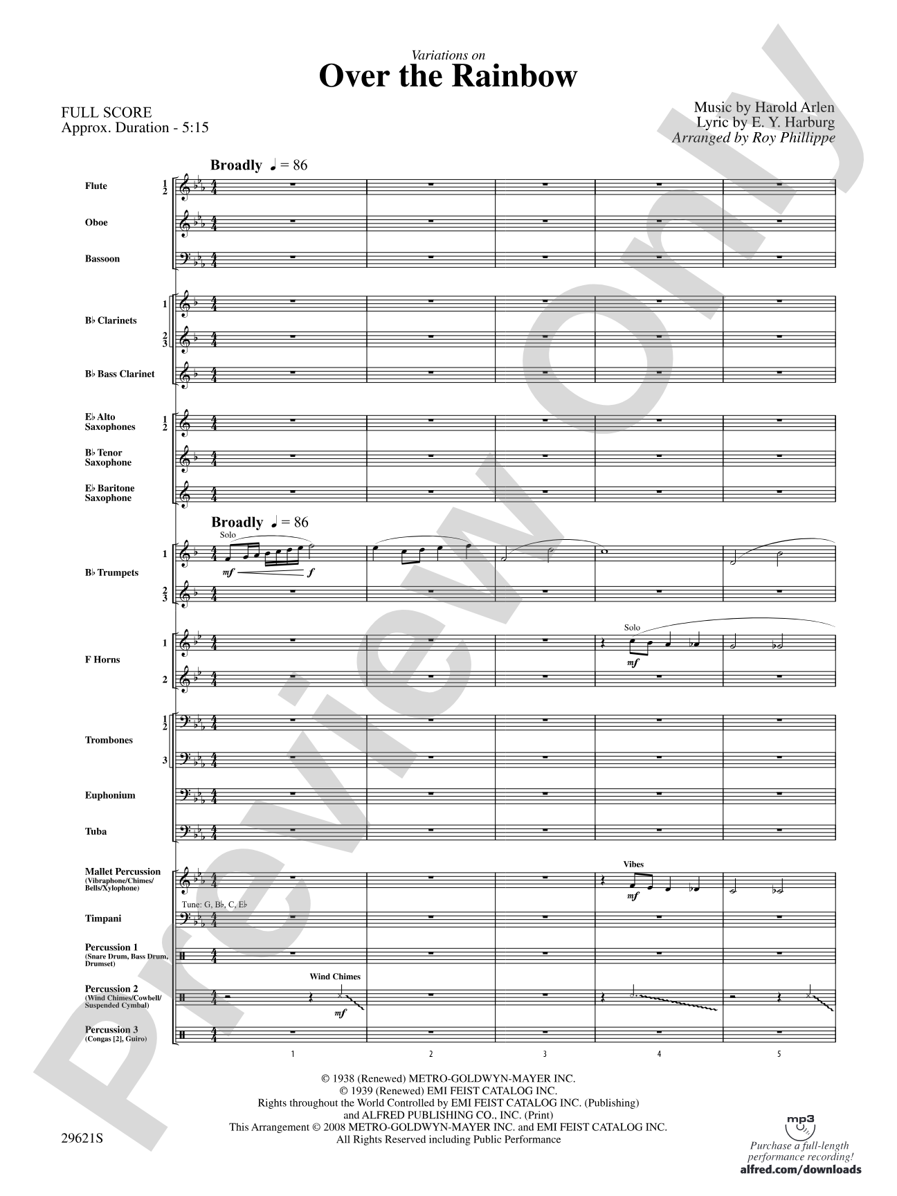 Over the Rainbow (from The Wizard of Oz), Variations on: Concert Band Conductor Score & Parts