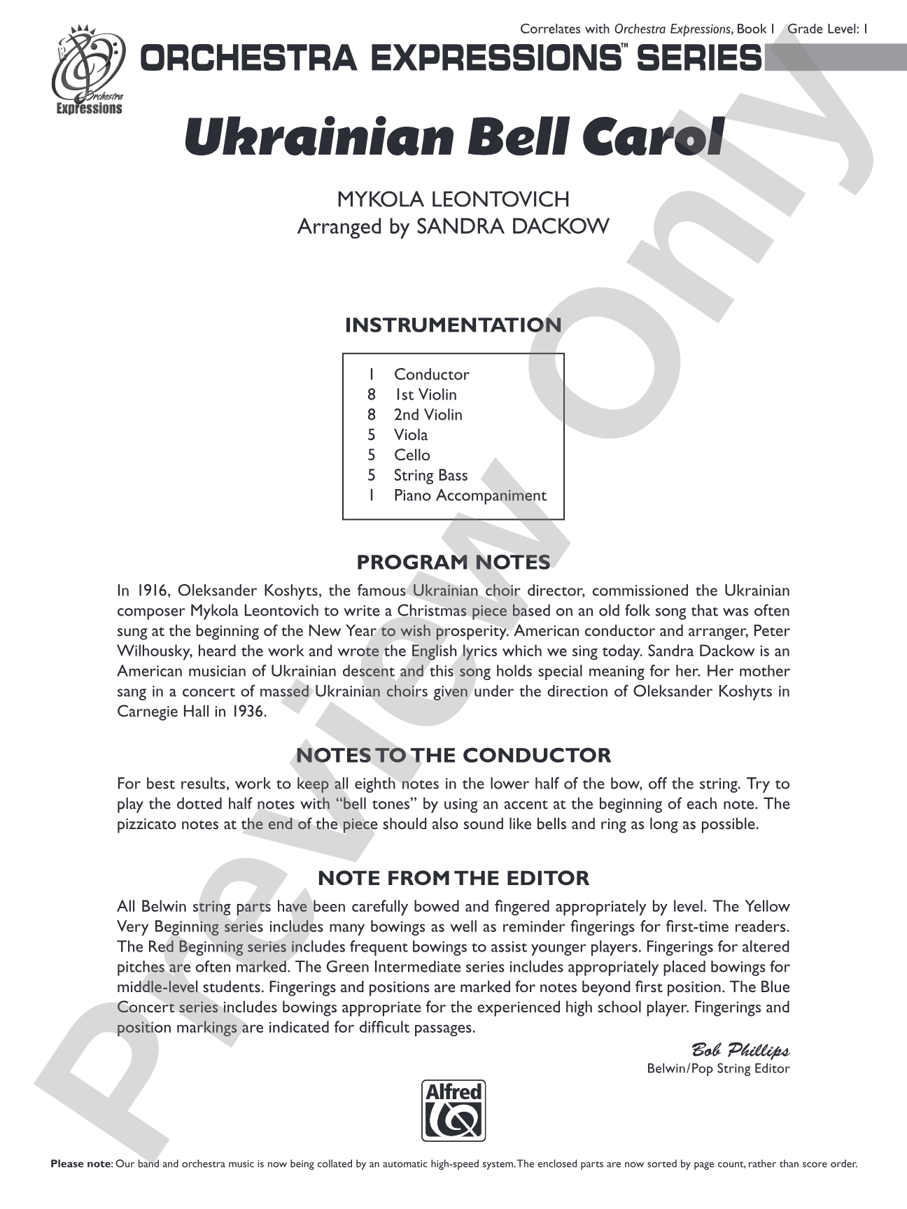 Ukranian Bell Carol: String Orchestra Conductor Score & Parts