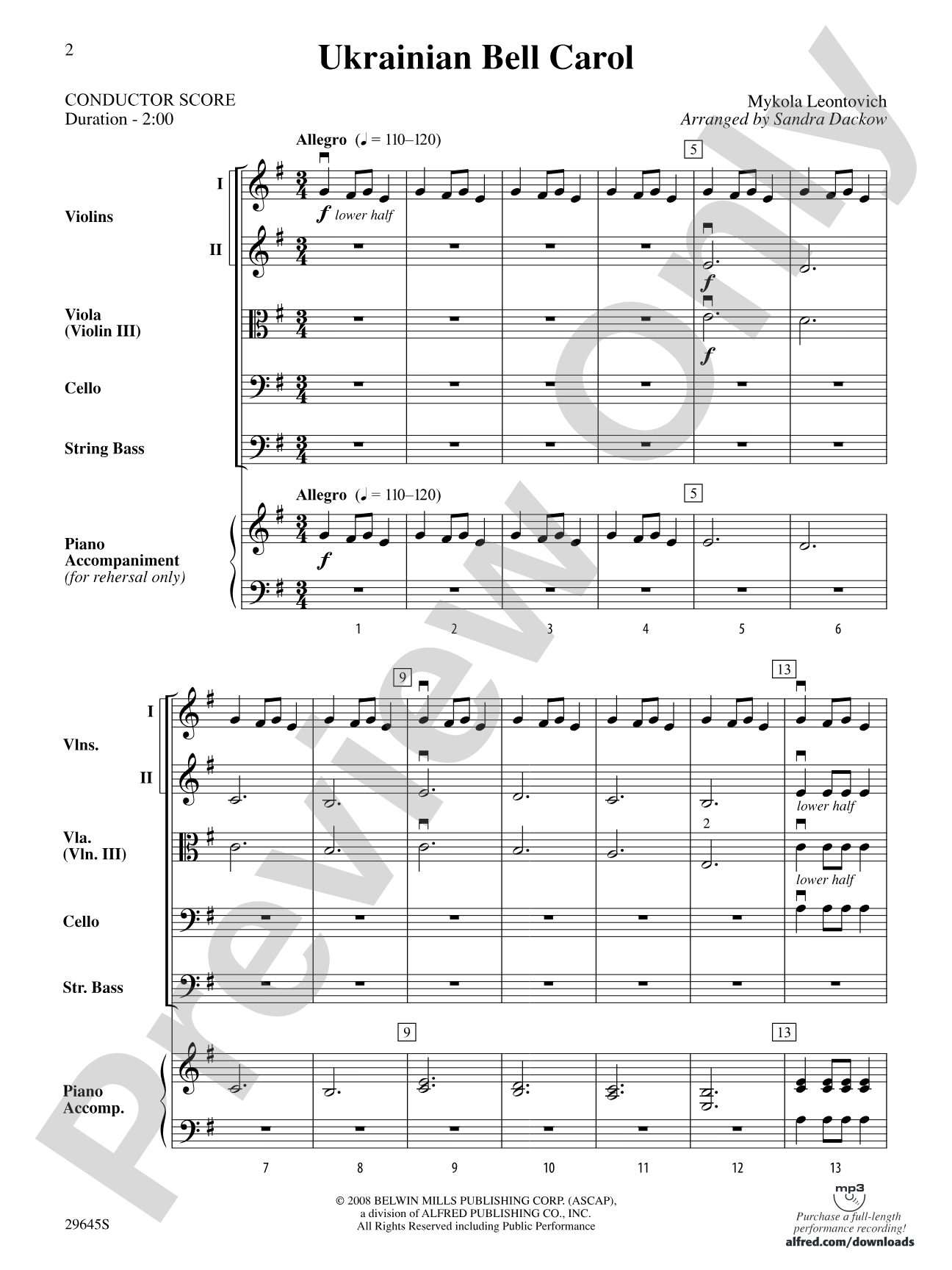 Ukranian Bell Carol: String Orchestra Conductor Score & Parts