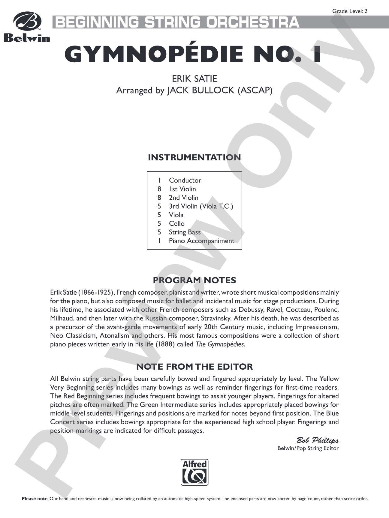 Gymnopedie No. 1: String Orchestra Conductor Score & Parts