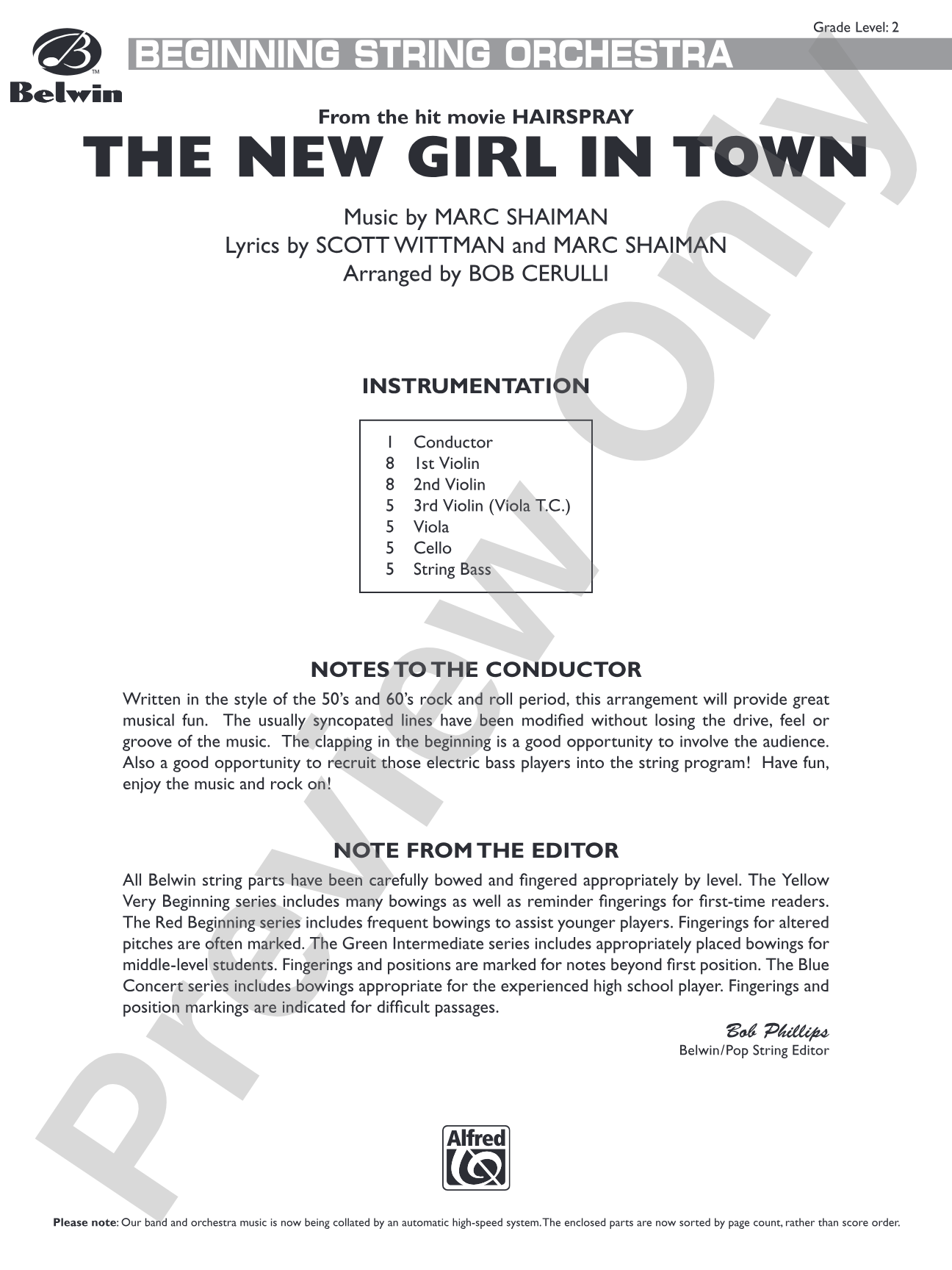 The New Girl in Town (from Hairspray): String Orchestra Conductor Score & Parts