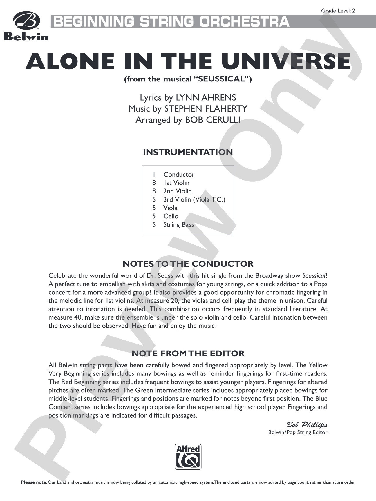 Alone in the Universe (from Seussical the Musical): String Orchestra Conductor Score & Parts