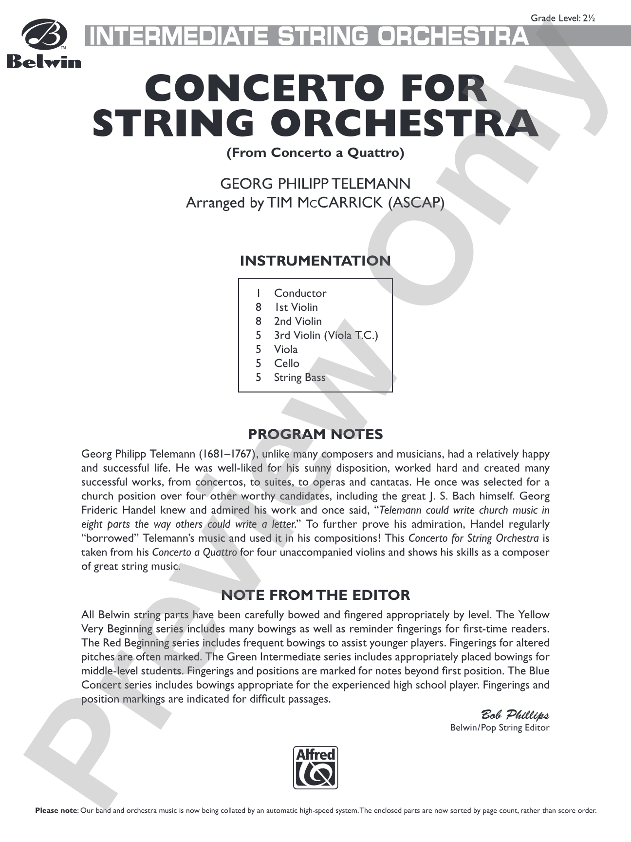 Concerto for String Orchestra (from Concerto a Quattro): String Orchestra Conductor Score & Parts