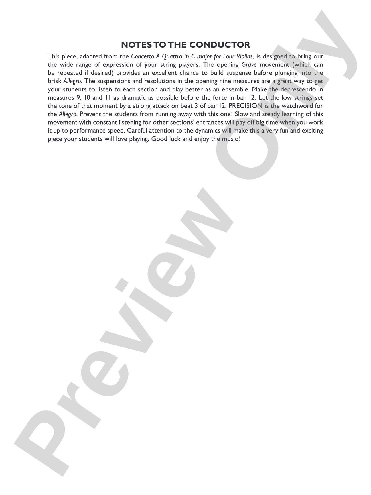 Concerto for String Orchestra (from Concerto a Quattro): String Orchestra Conductor Score & Parts