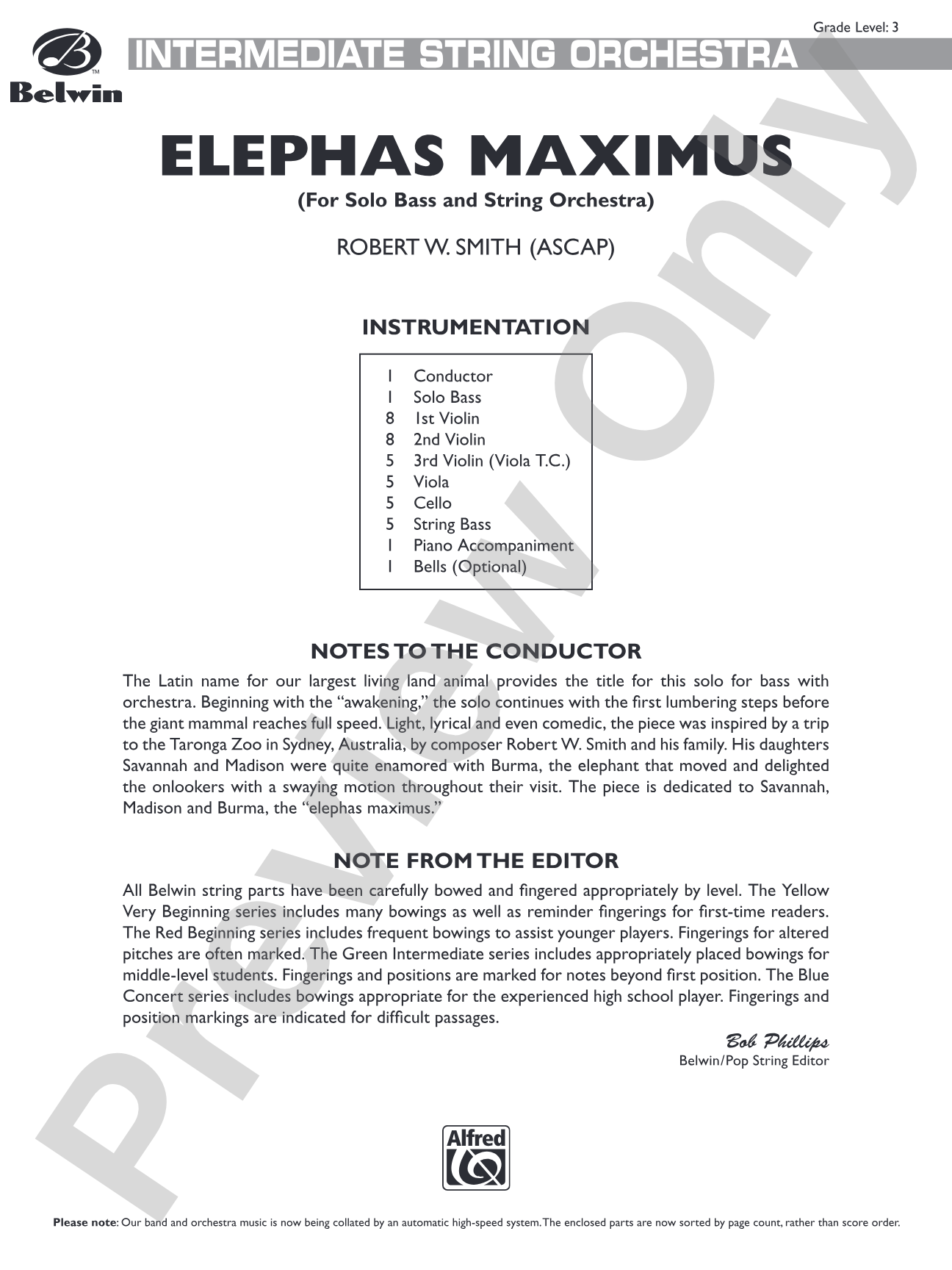 Elephas Maximus (For Solo Bass and String Orchestra): String Orchestra Conductor Score & Parts