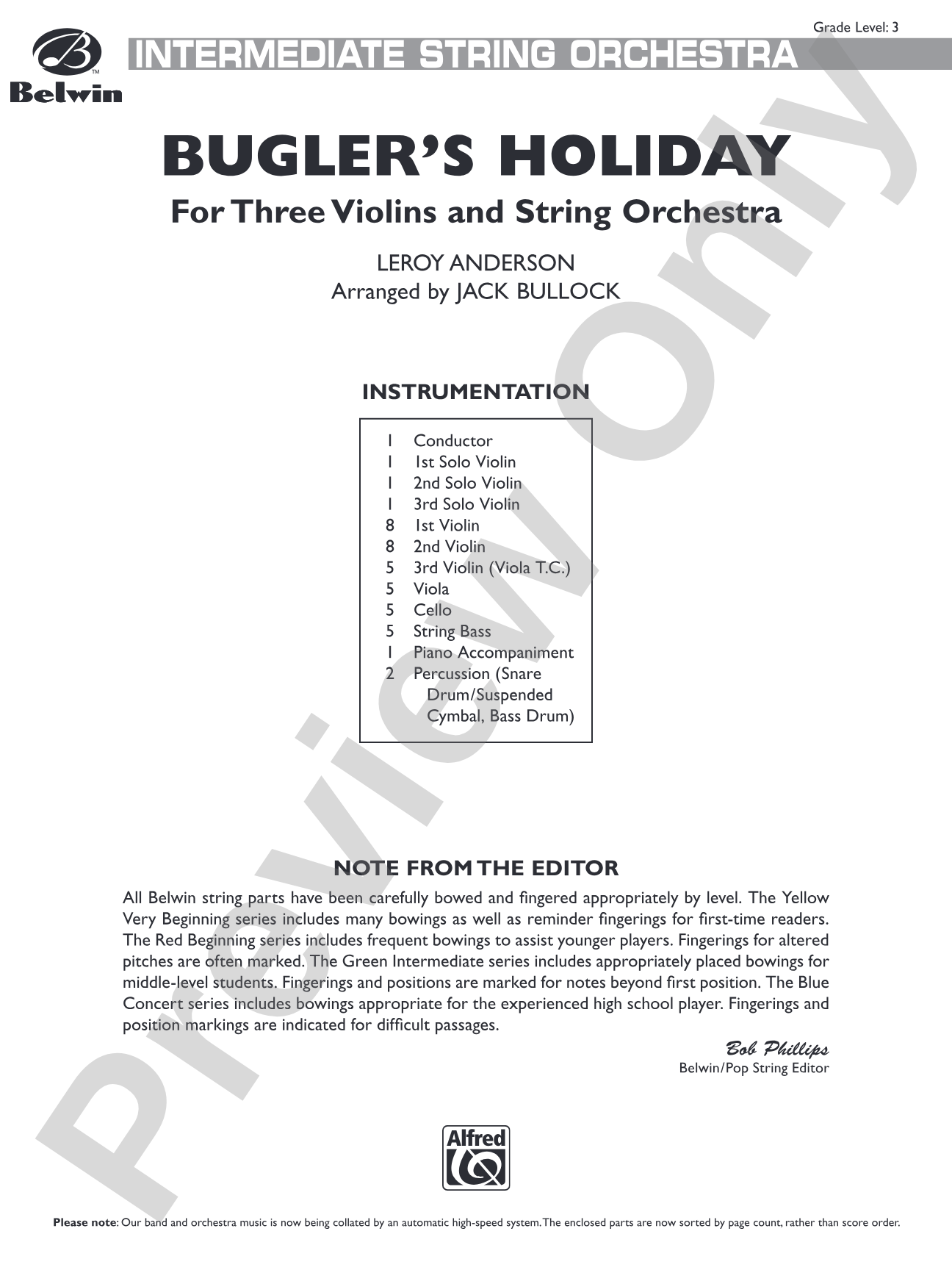 Bugler's Holiday for Three Violins and String Orchestra: String Orchestra Conductor Score & Parts