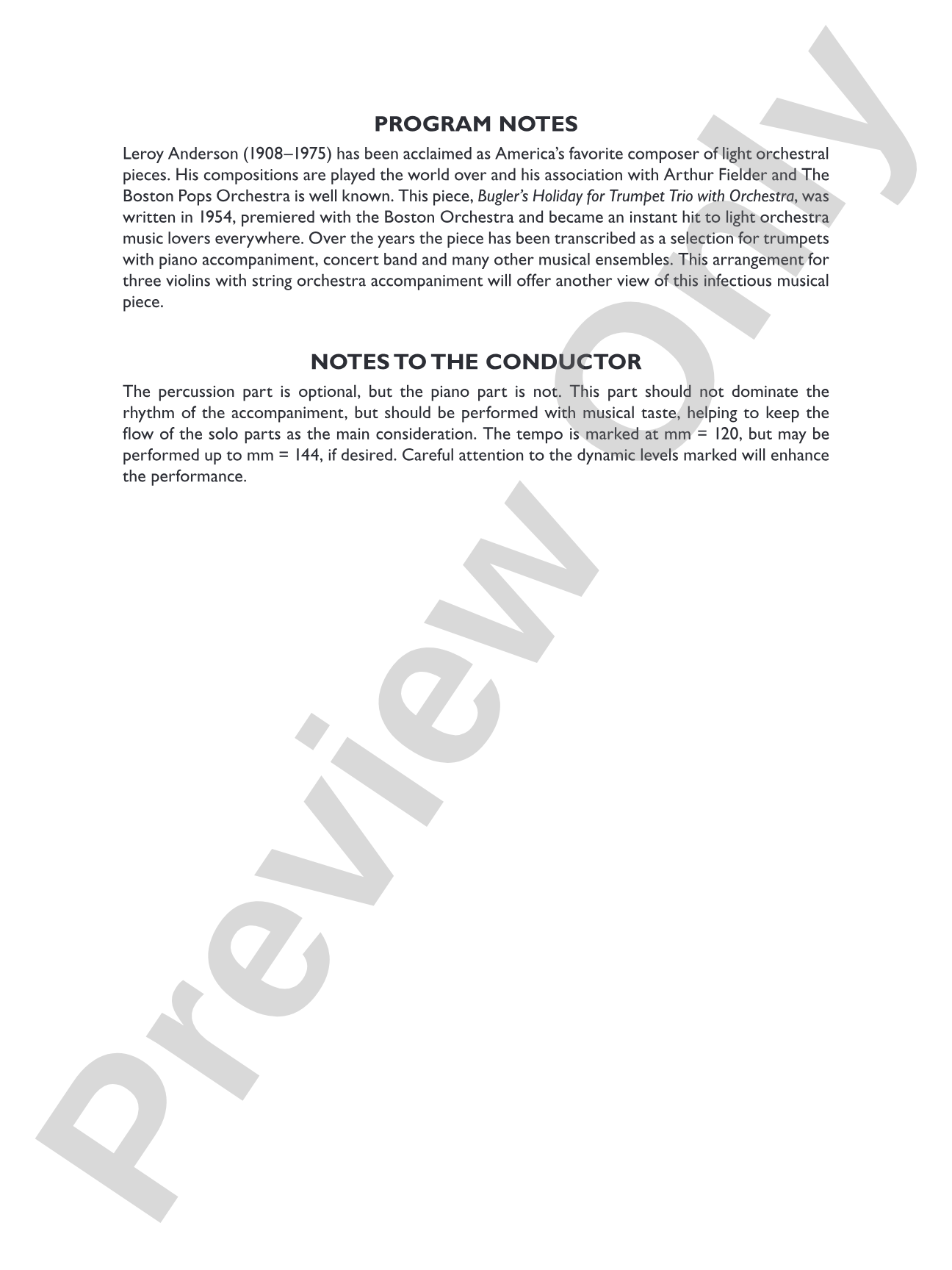 Bugler's Holiday for Three Violins and String Orchestra: String Orchestra Conductor Score & Parts