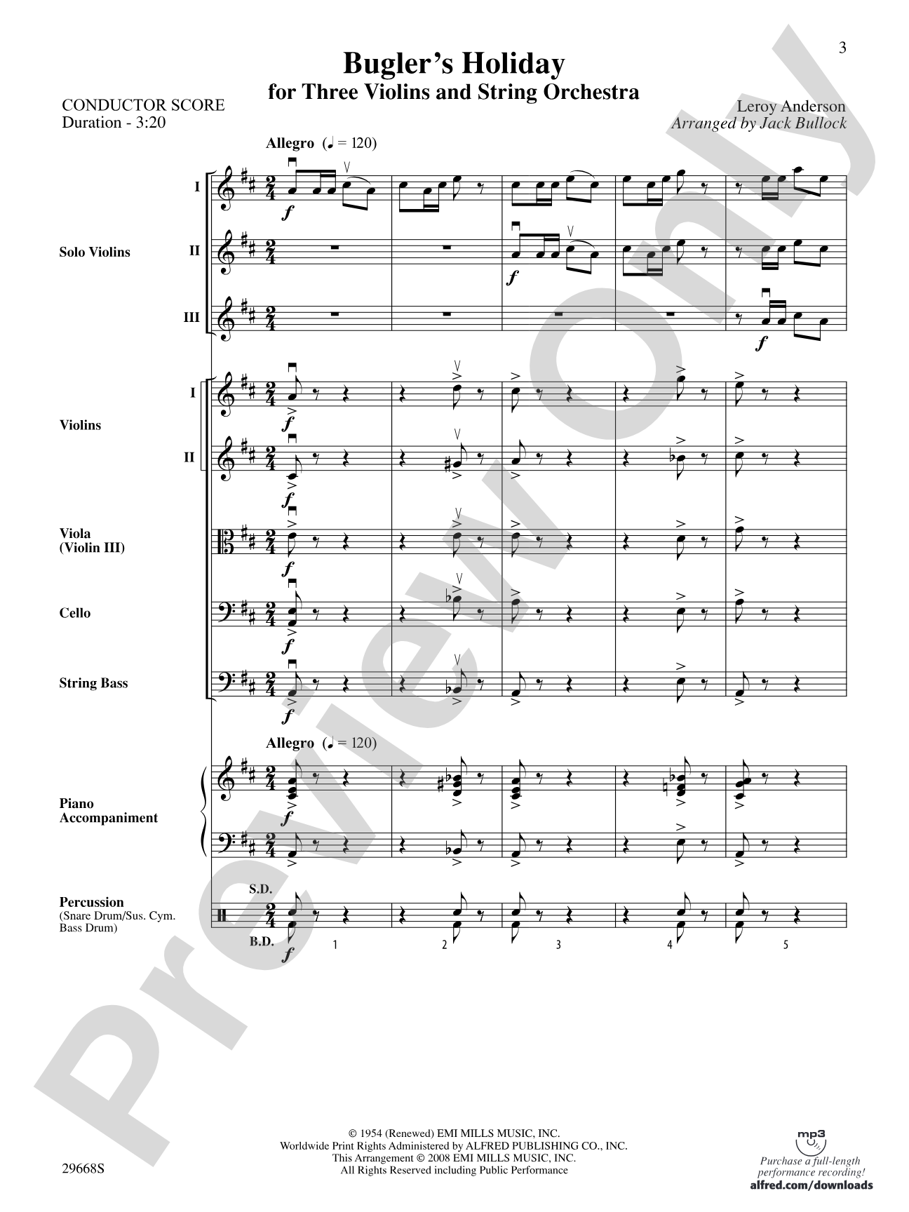 Bugler's Holiday for Three Violins and String Orchestra: String Orchestra Conductor Score & Parts