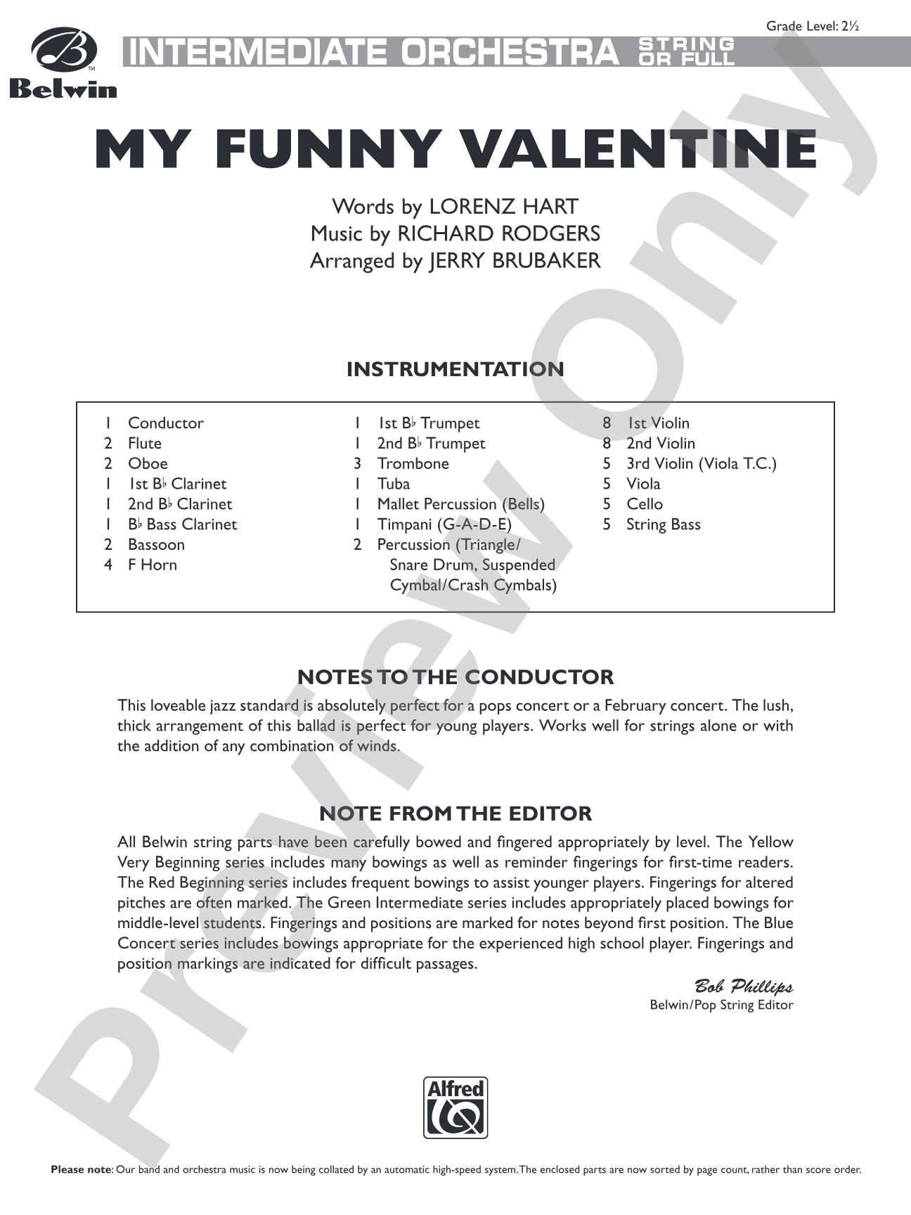 My Funny Valentine: Full Orchestra Conductor Score & Parts