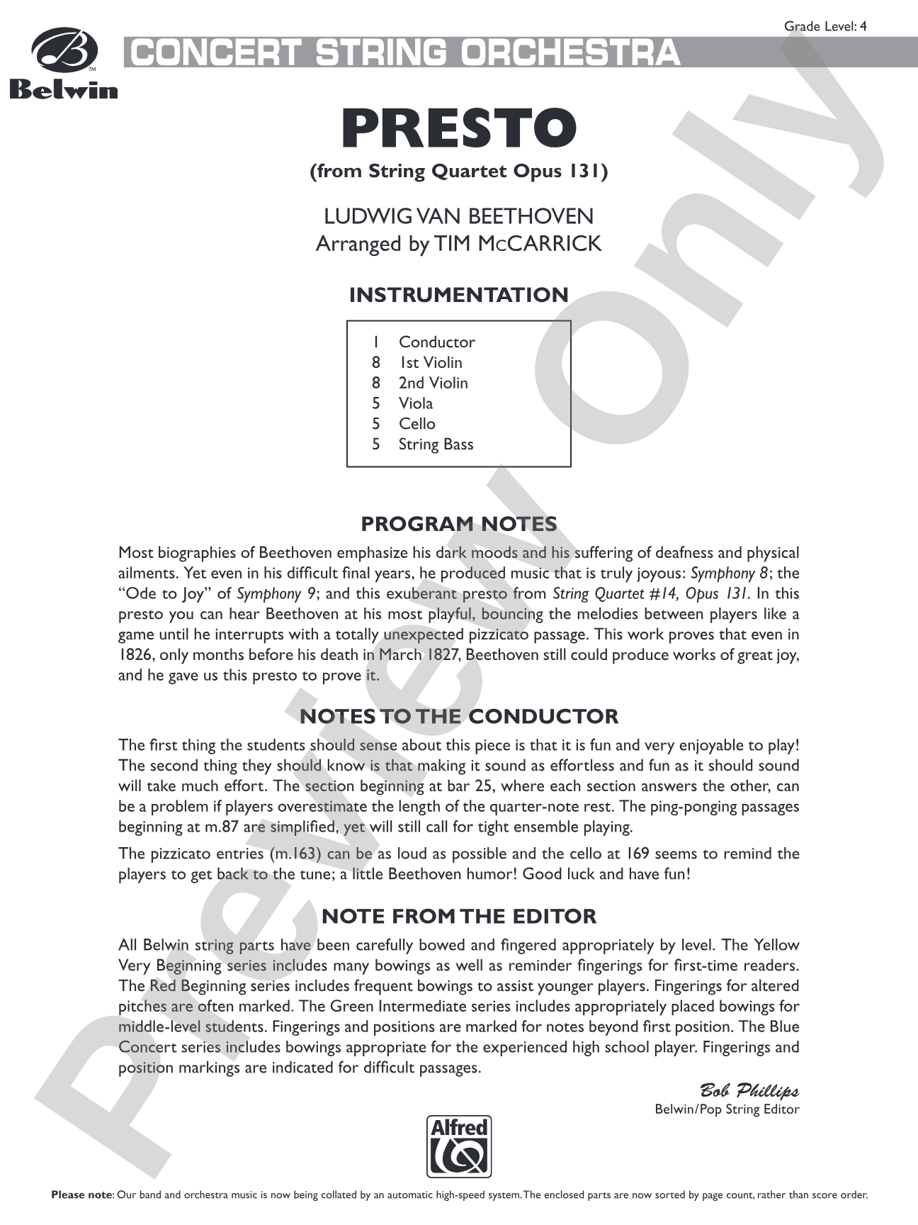 Presto: String Orchestra Conductor Score & Parts