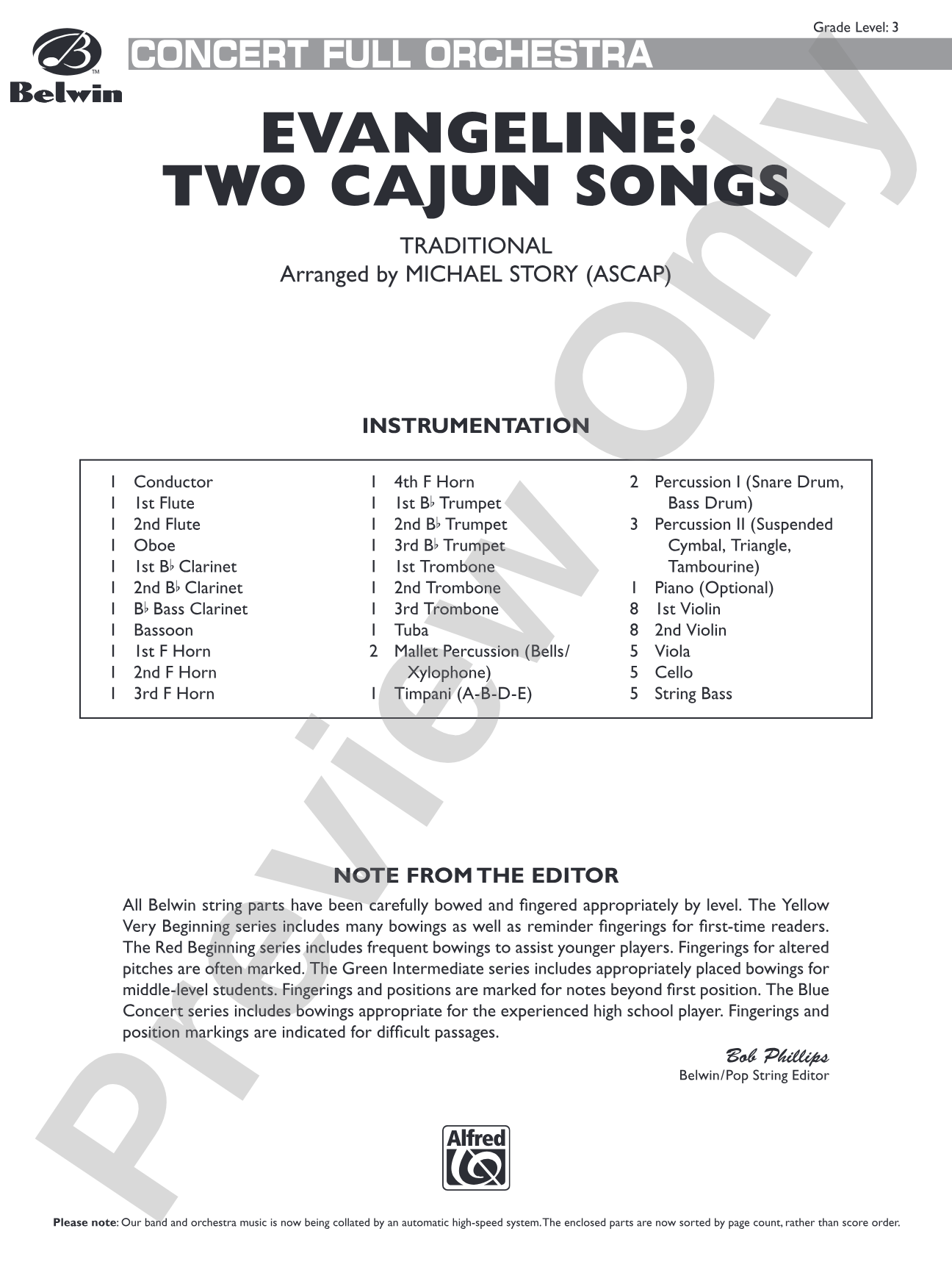 Evangeline: Two Cajun Songs: Full Orchestra Conductor Score & Parts