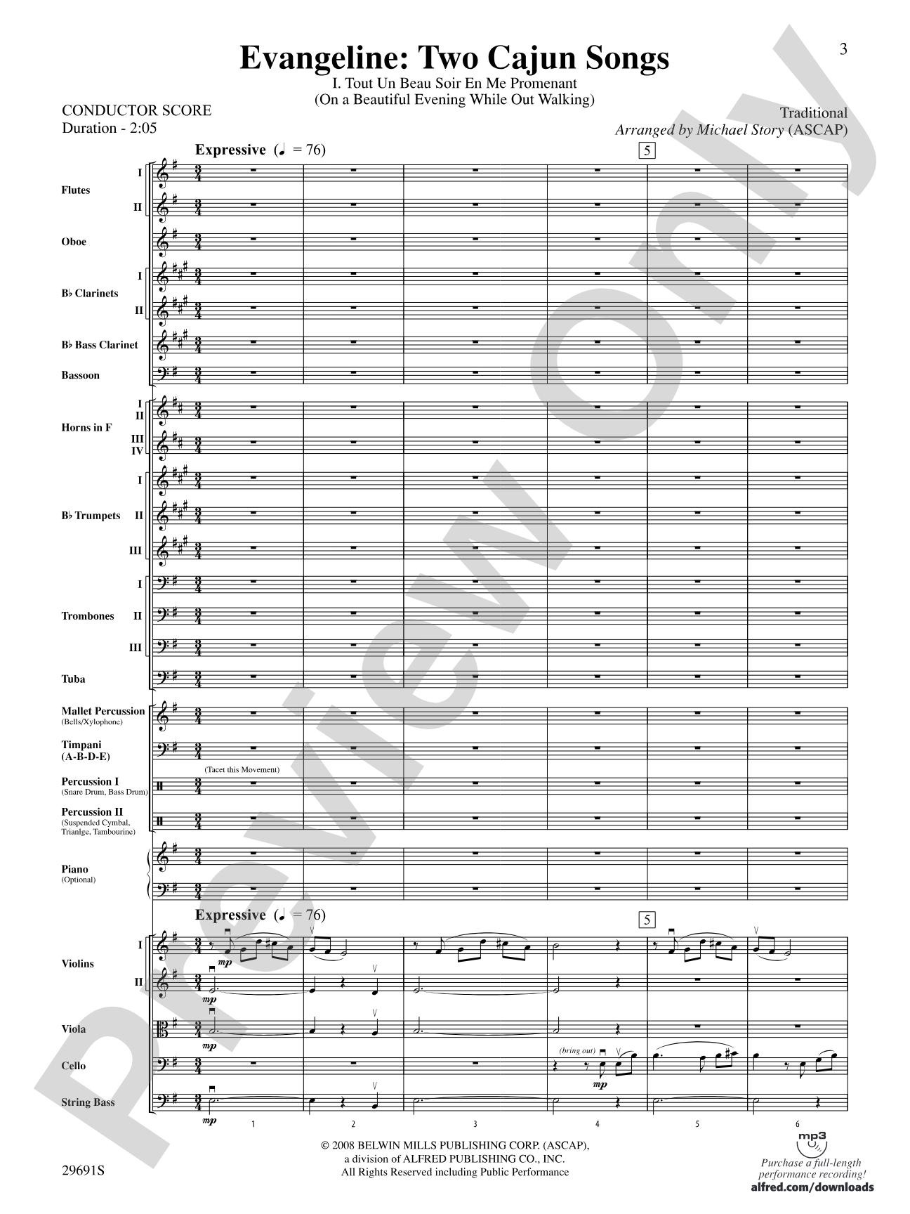 Evangeline: Two Cajun Songs: Full Orchestra Conductor Score & Parts