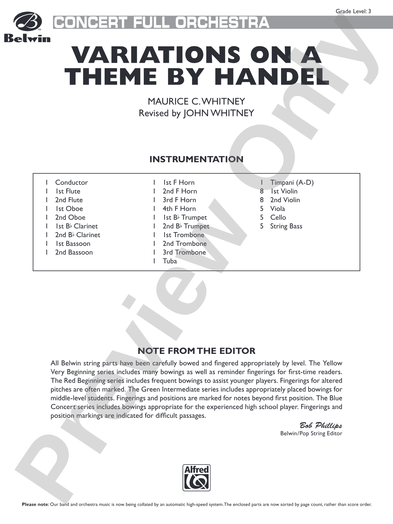 Variations on a Theme by Handel: Full Orchestra Conductor Score & Parts