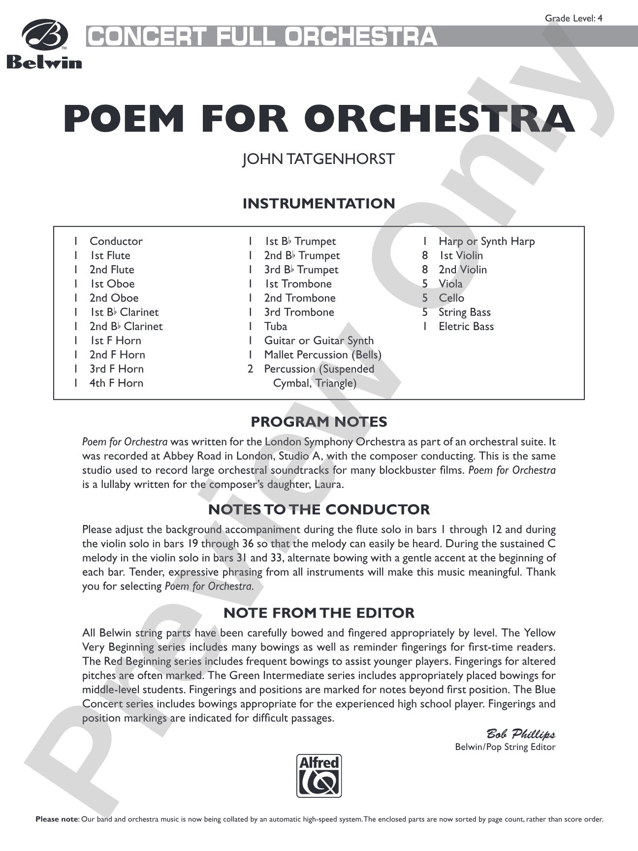 Poem for Orchestra: Full Orchestra Conductor Score & Parts