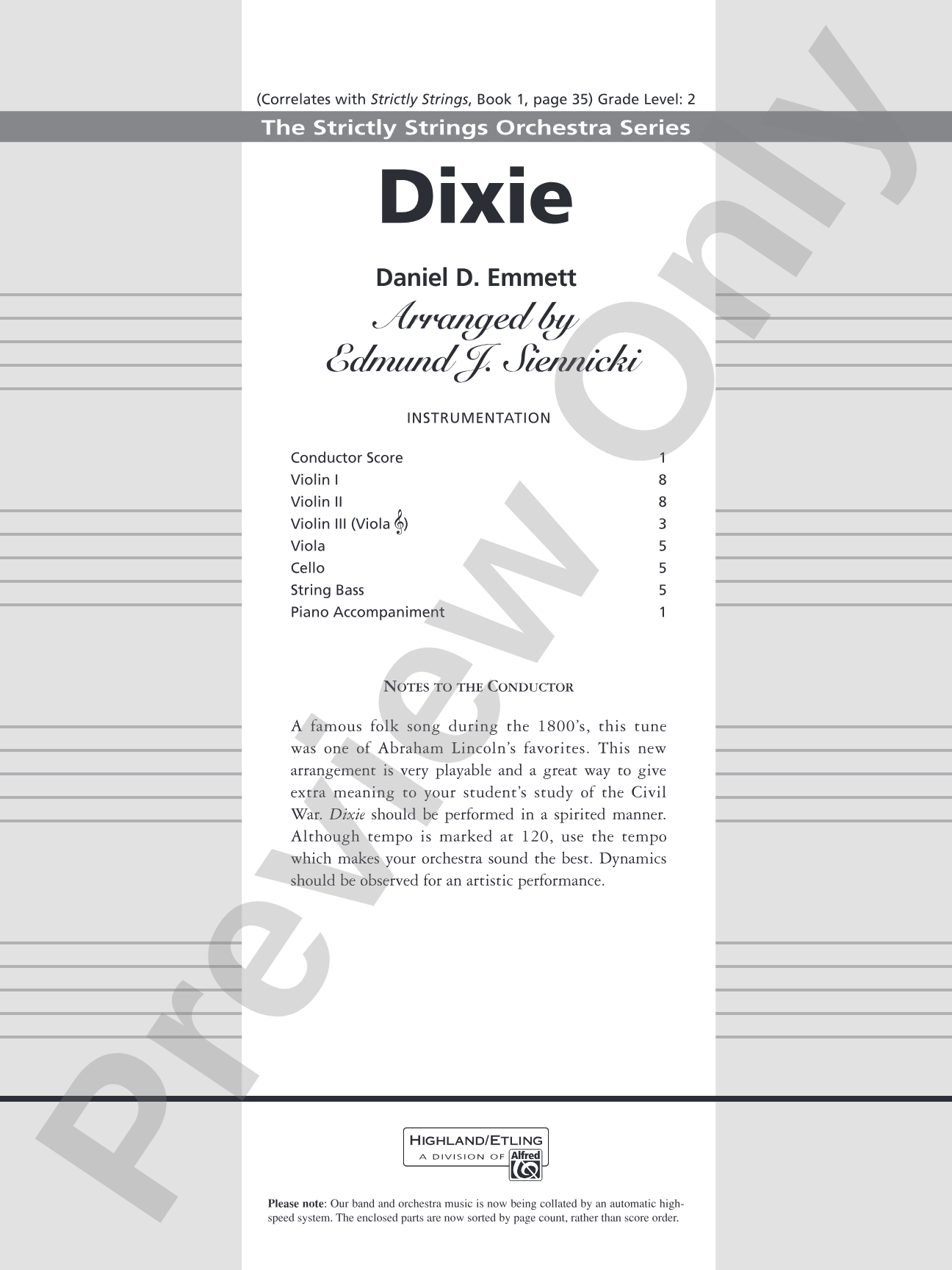 Dixie: String Orchestra Conductor Score & Parts