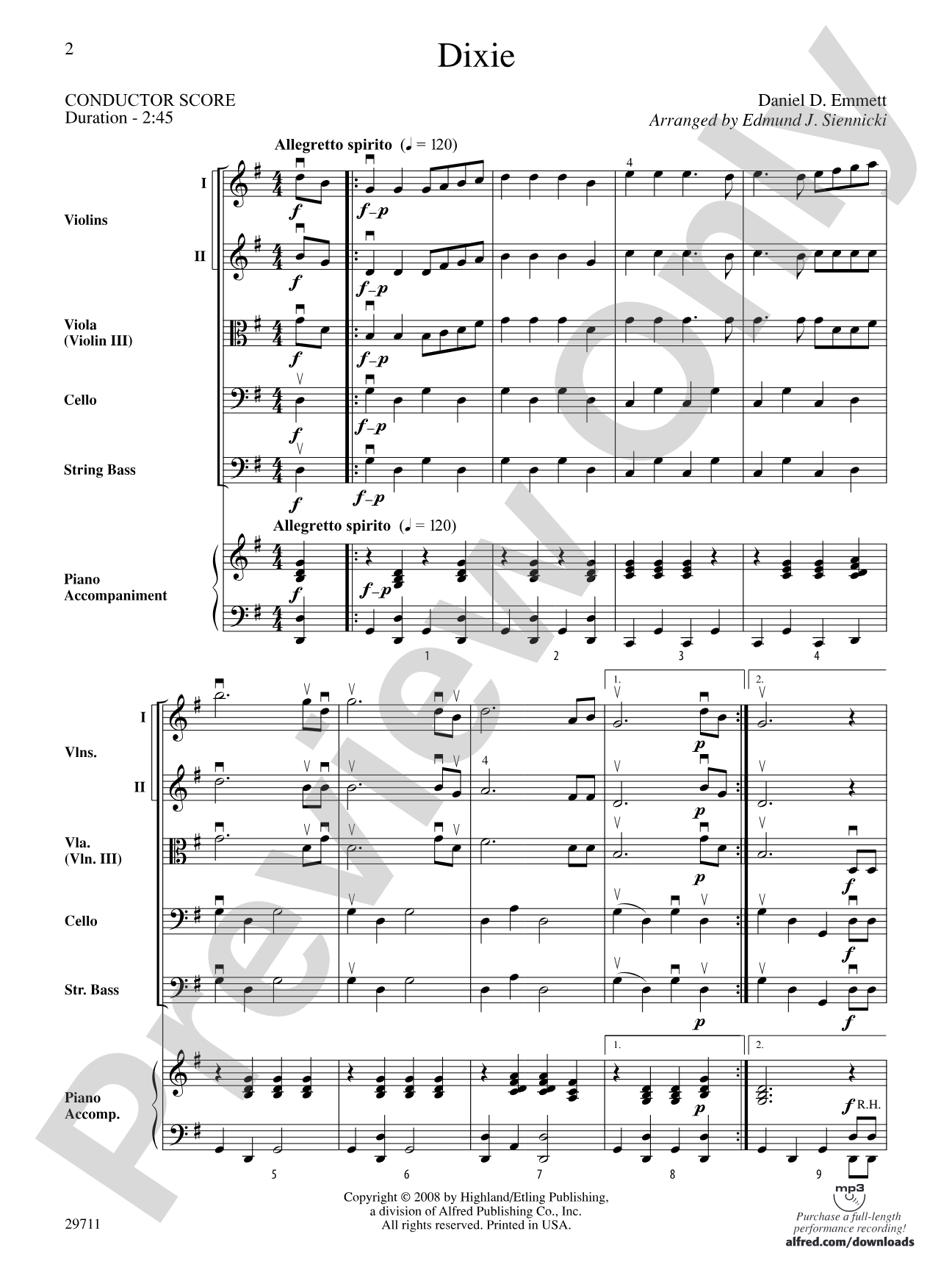 Dixie: String Orchestra Conductor Score & Parts