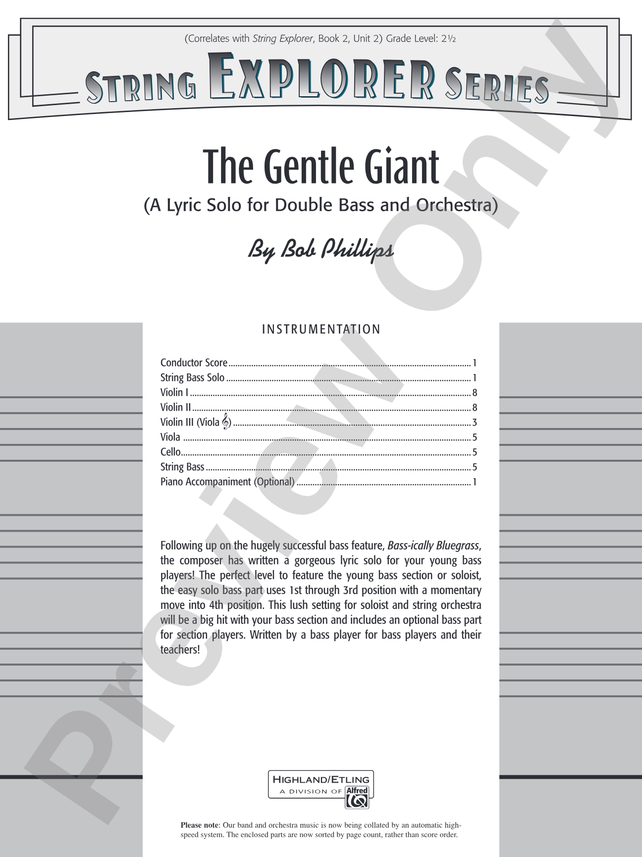 The Gentle Giant (A Lyric Solo for Double Bass and Orchestra): String Orchestra Conductor Score & Parts