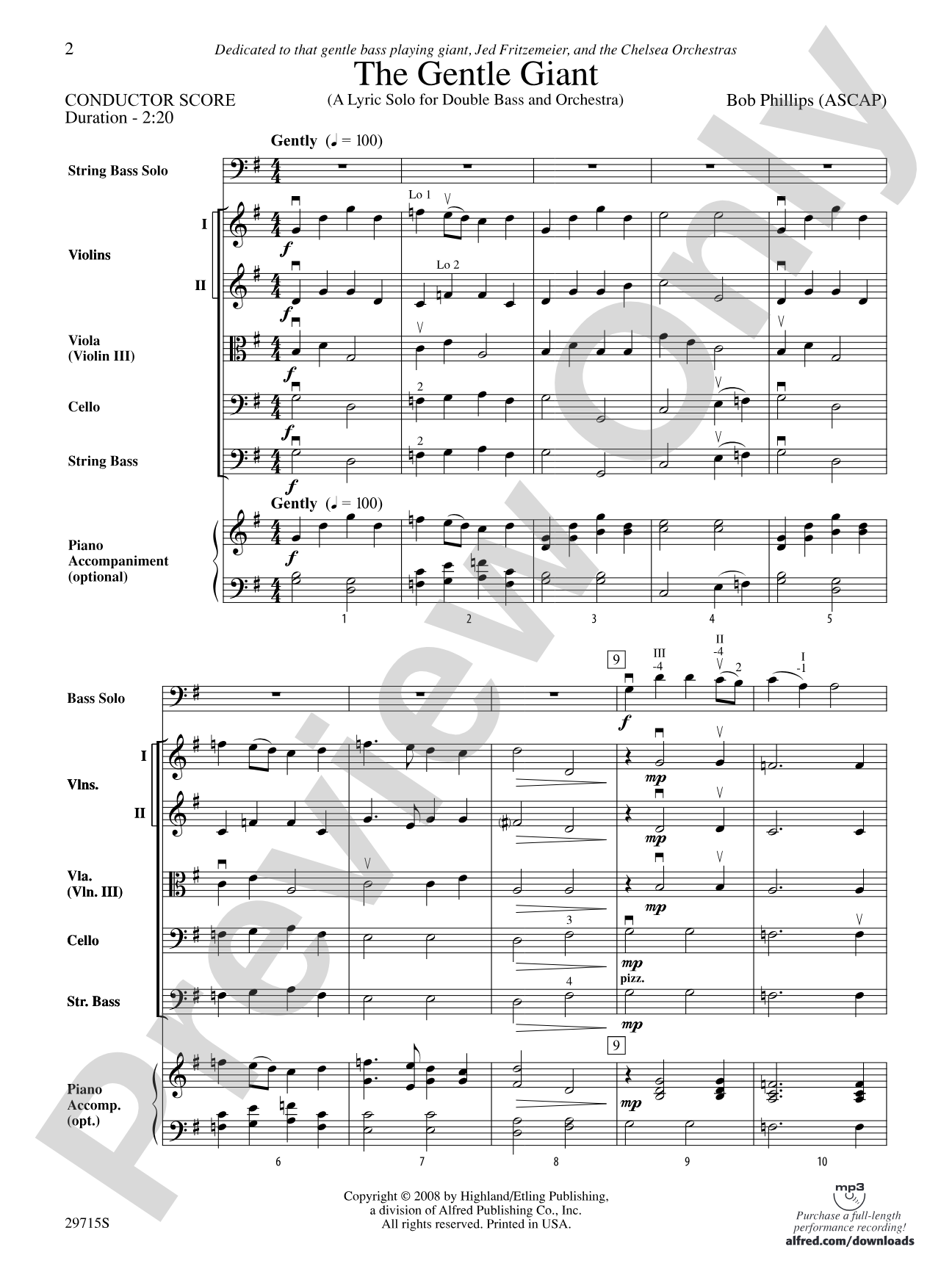 The Gentle Giant (A Lyric Solo for Double Bass and Orchestra): String Orchestra Conductor Score & Parts