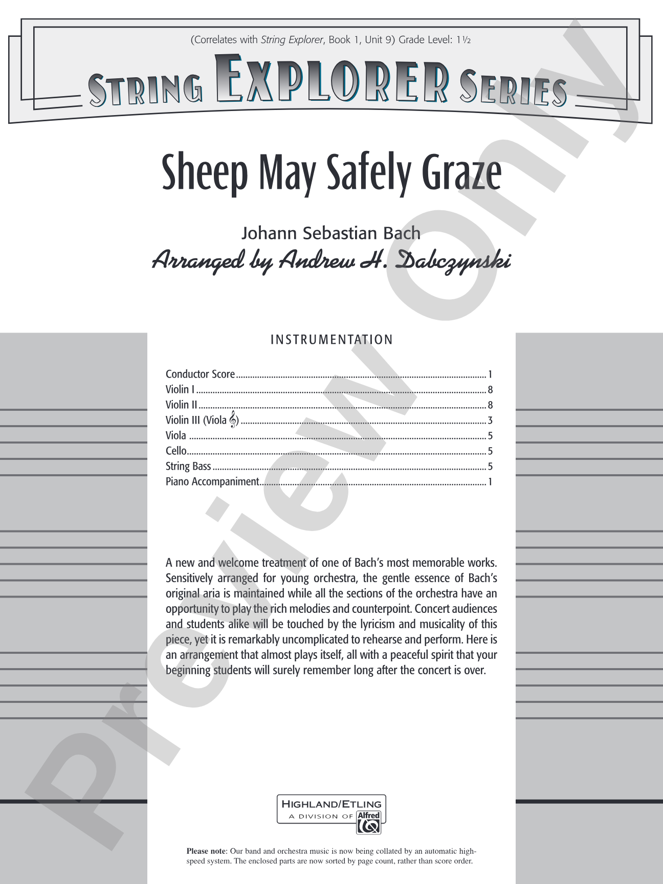 Sheep May Safely Graze: String Orchestra Conductor Score & Parts