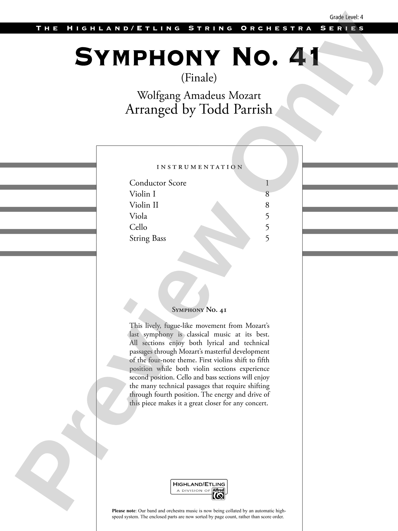 Symphony No. 41: String Orchestra Conductor Score & Parts