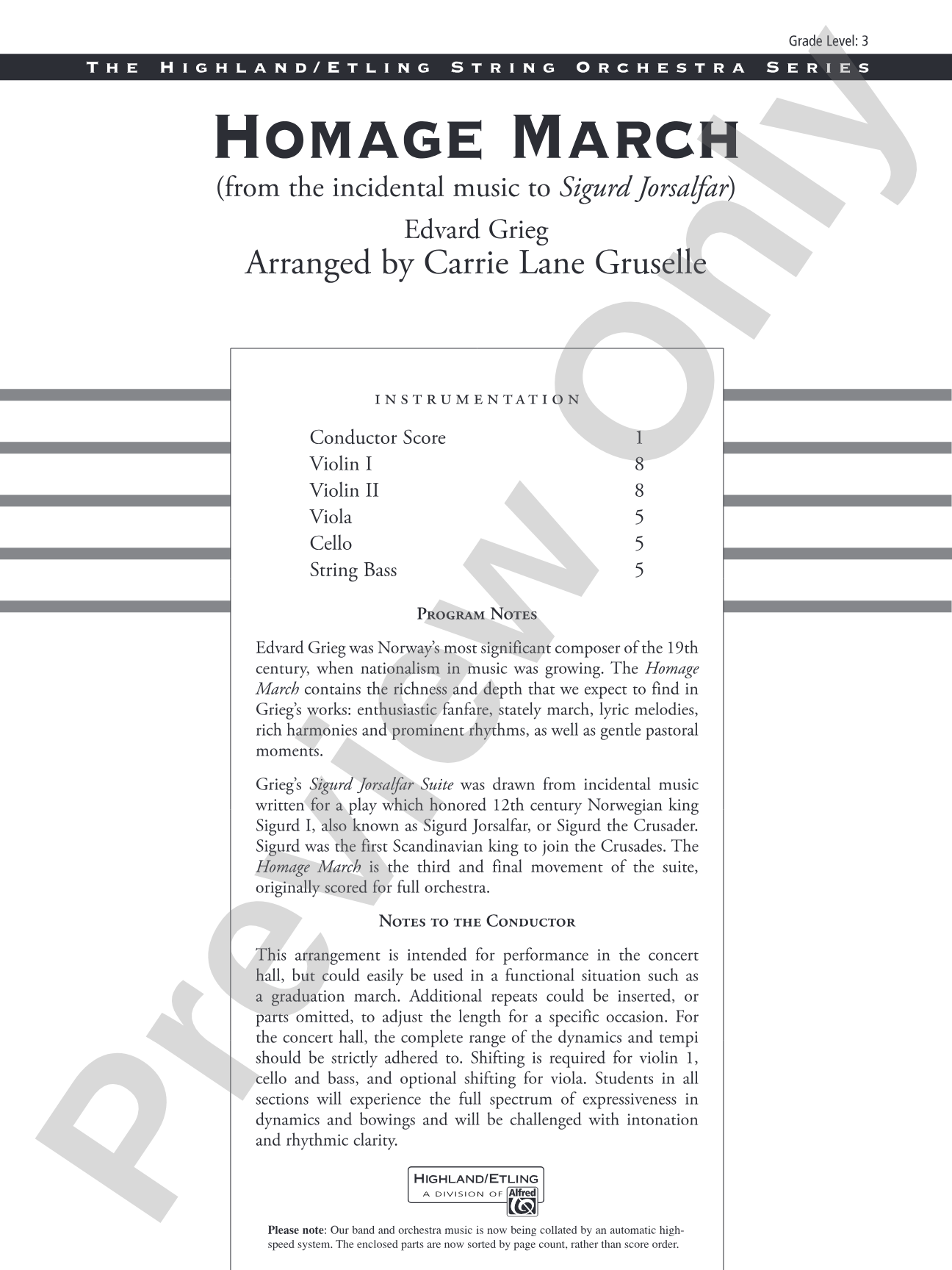 Homage March (from the incidental music to Sigurd Jorsalfar): String Orchestra Conductor Score & Parts