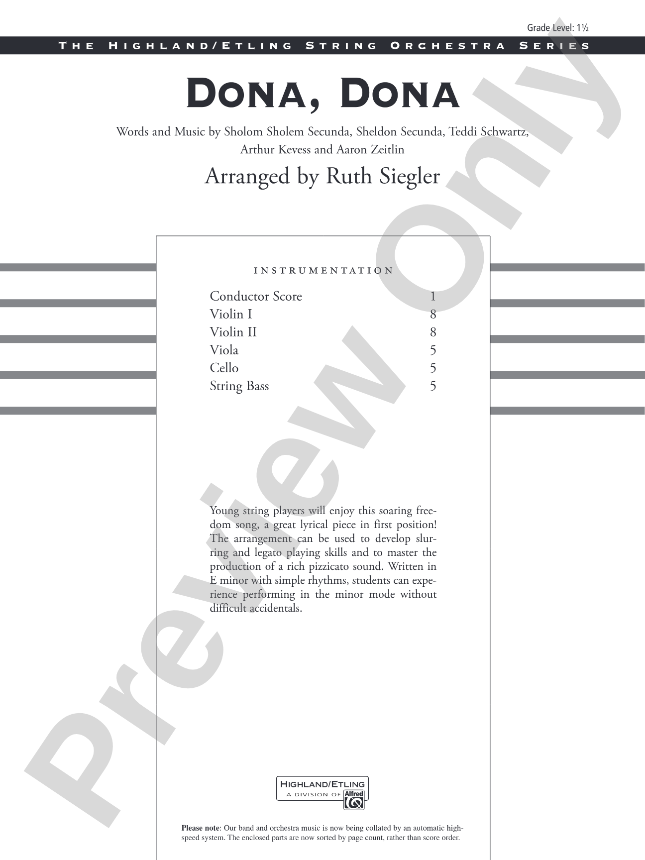 Dona Dona: String Orchestra Conductor Score & Parts
