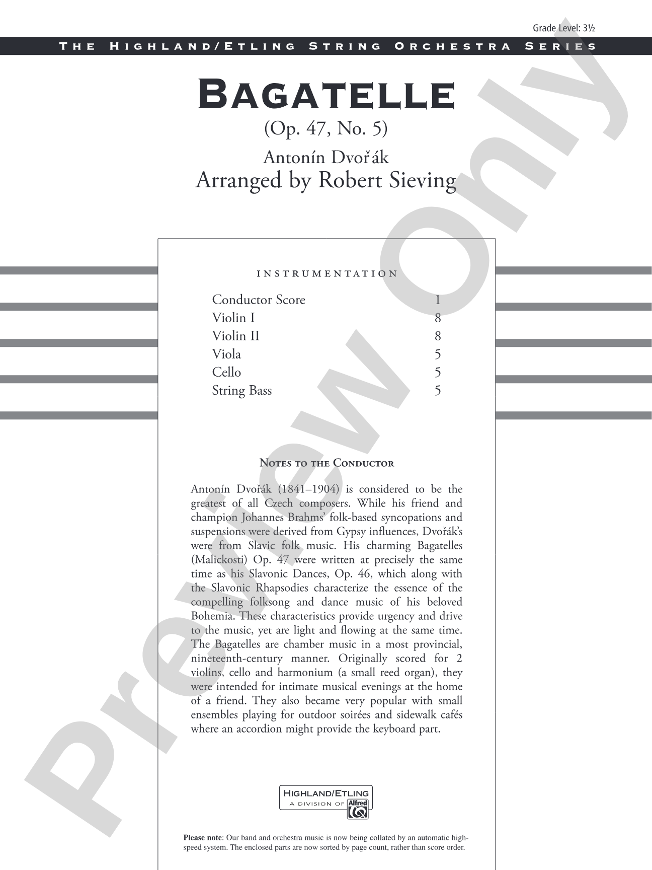 Bagatelle (from Op. 47, No. 5): String Orchestra Conductor Score & Parts