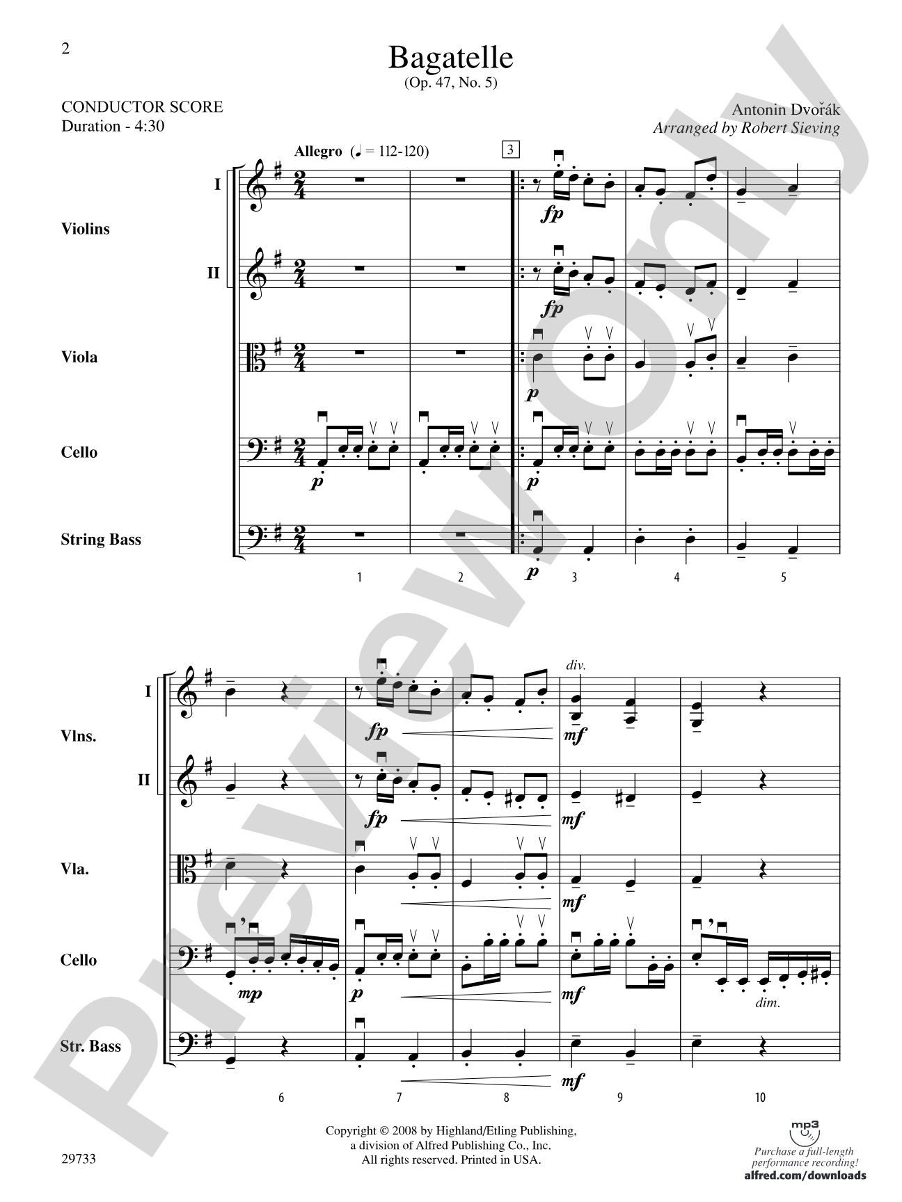 Bagatelle (from Op. 47, No. 5): String Orchestra Conductor Score & Parts