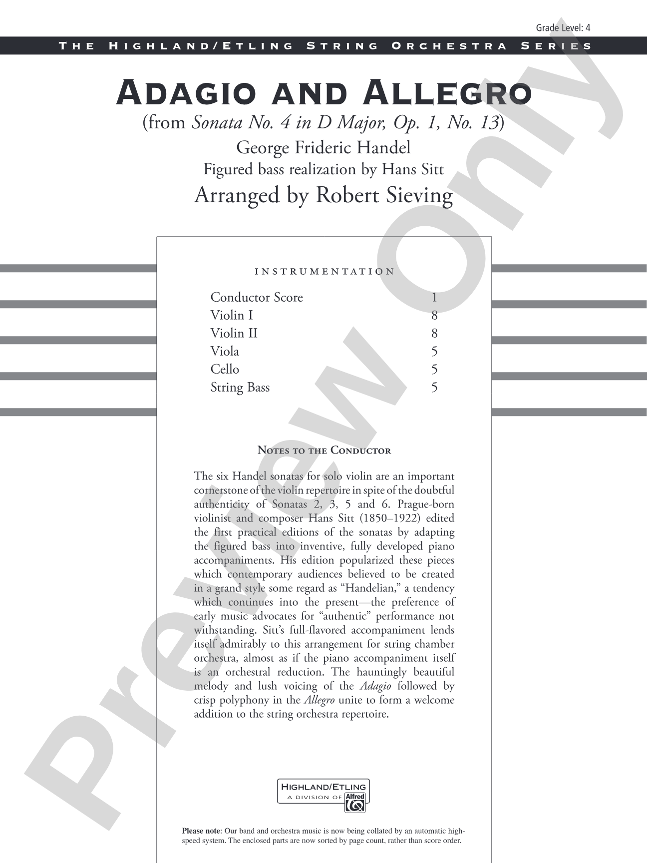 Adagio and Allegro (from Sonata No. 4 in D major, Op. 1, No. 13): String Orchestra Conductor Score & Parts
