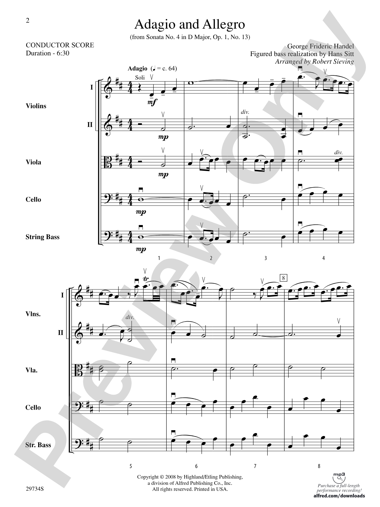Adagio and Allegro (from Sonata No. 4 in D major, Op. 1, No. 13): String Orchestra Conductor Score & Parts