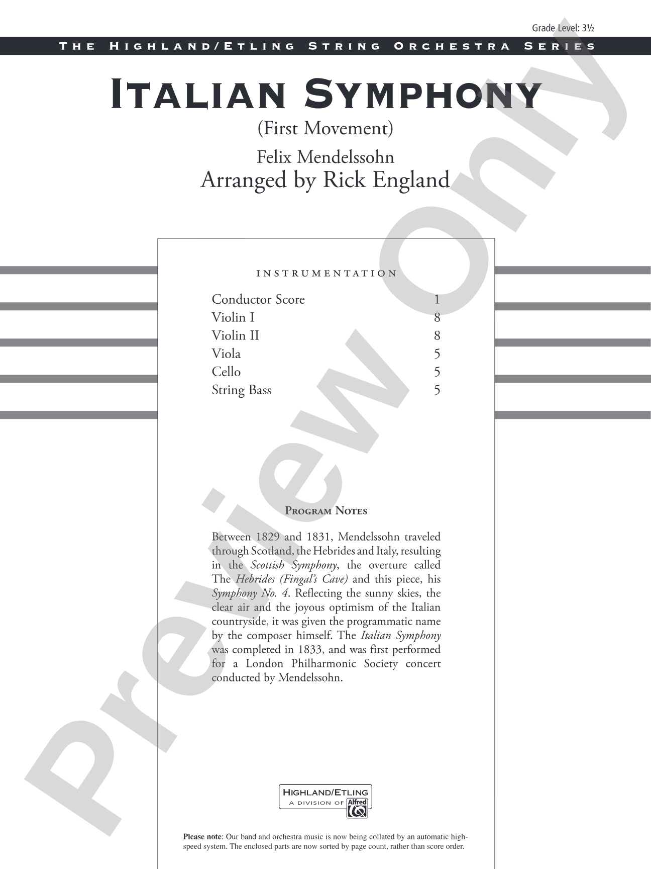 Italian Symphony (First Movement): String Orchestra Conductor Score & Parts