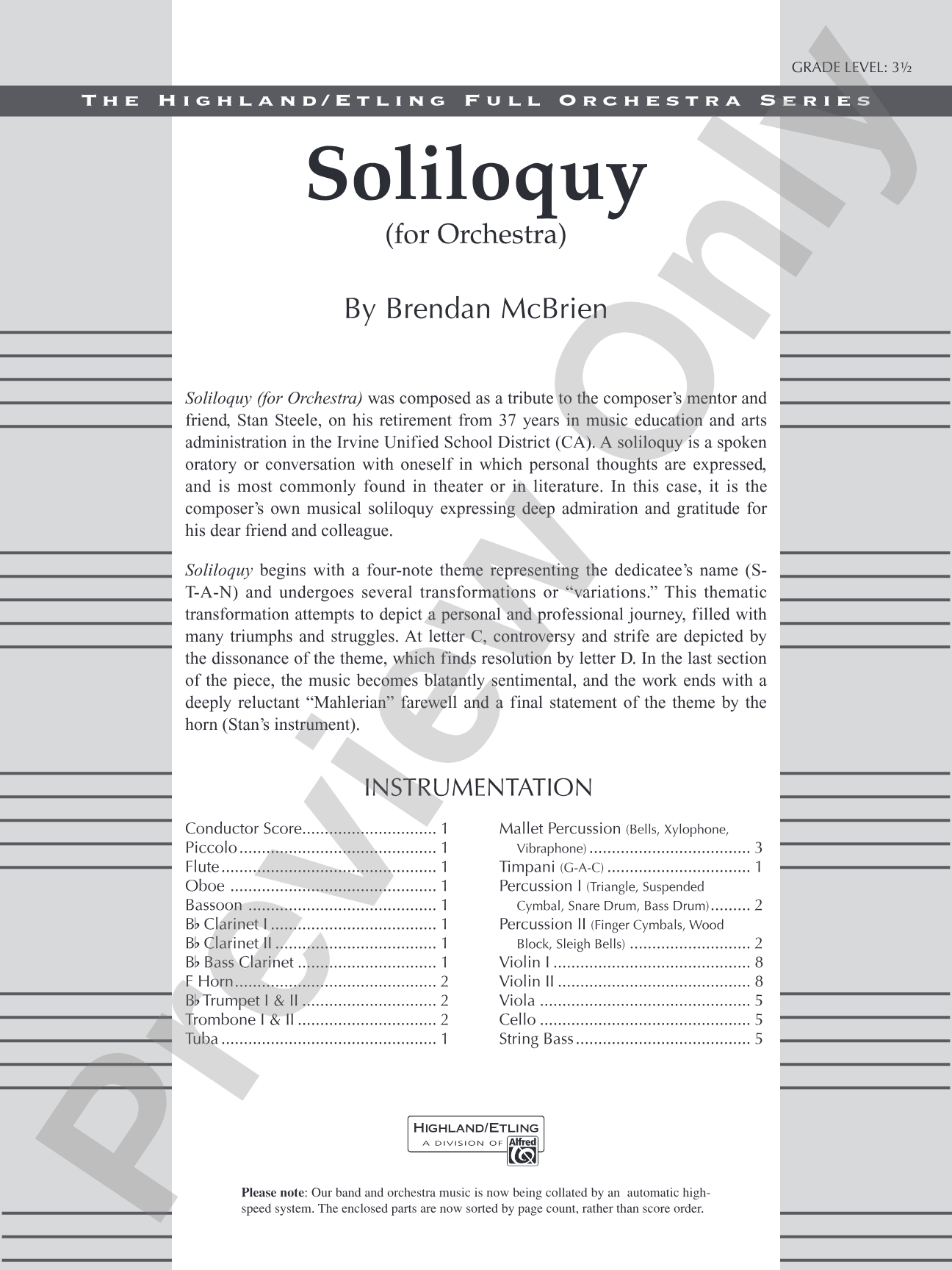 Soliloquy for Orchestra: Full Orchestra Conductor Score & Parts