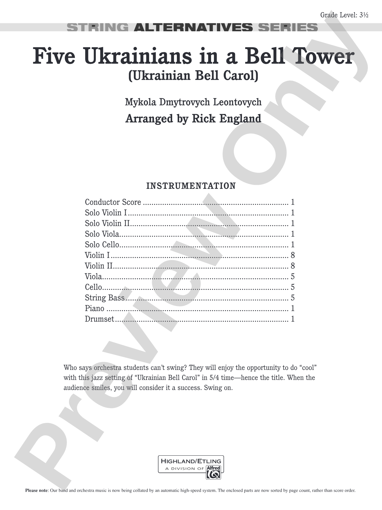 Five Ukrainians in a Bell Tower (Ukrainian Bell Carol): String Orchestra Conductor Score & Parts