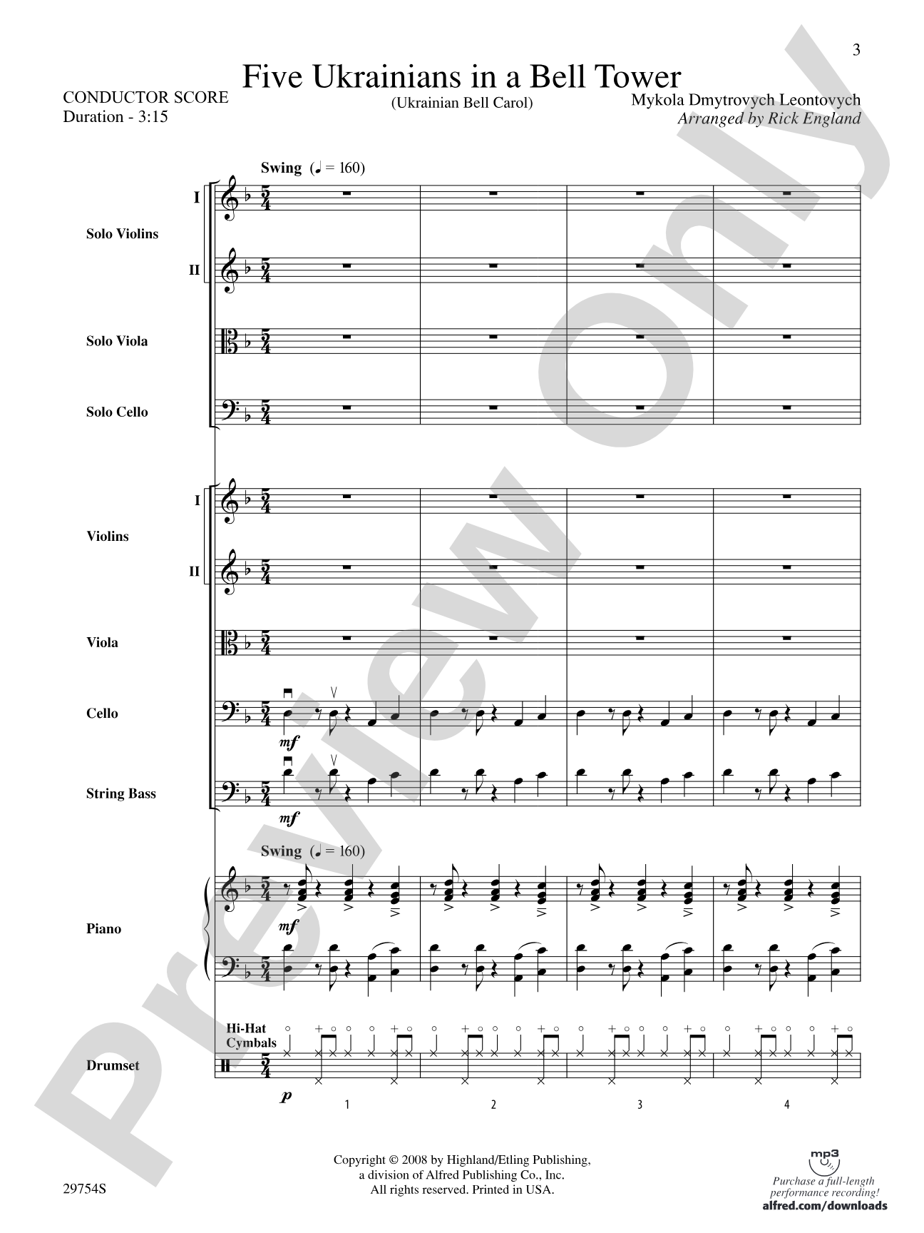 Five Ukrainians in a Bell Tower (Ukrainian Bell Carol): String Orchestra Conductor Score & Parts