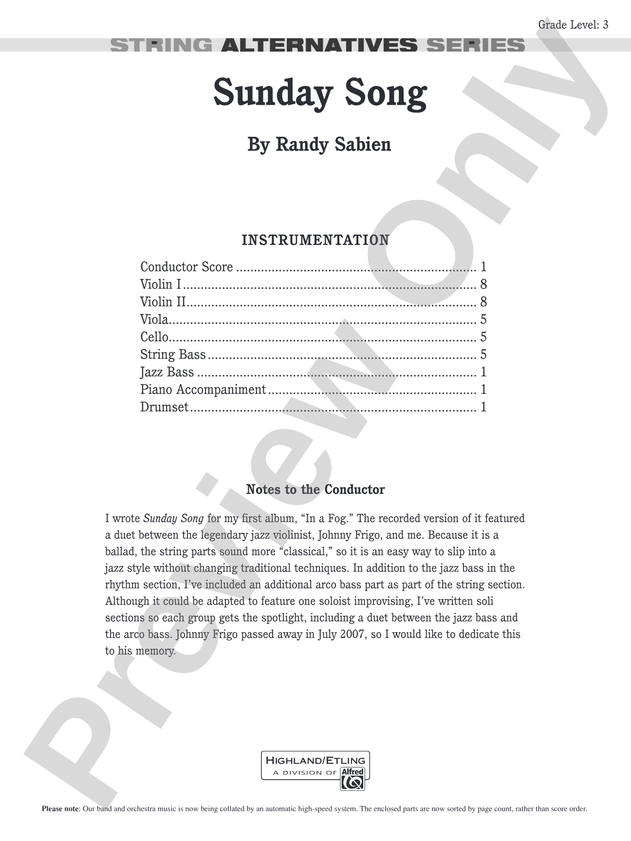 Sunday Song: String Orchestra Conductor Score & Parts