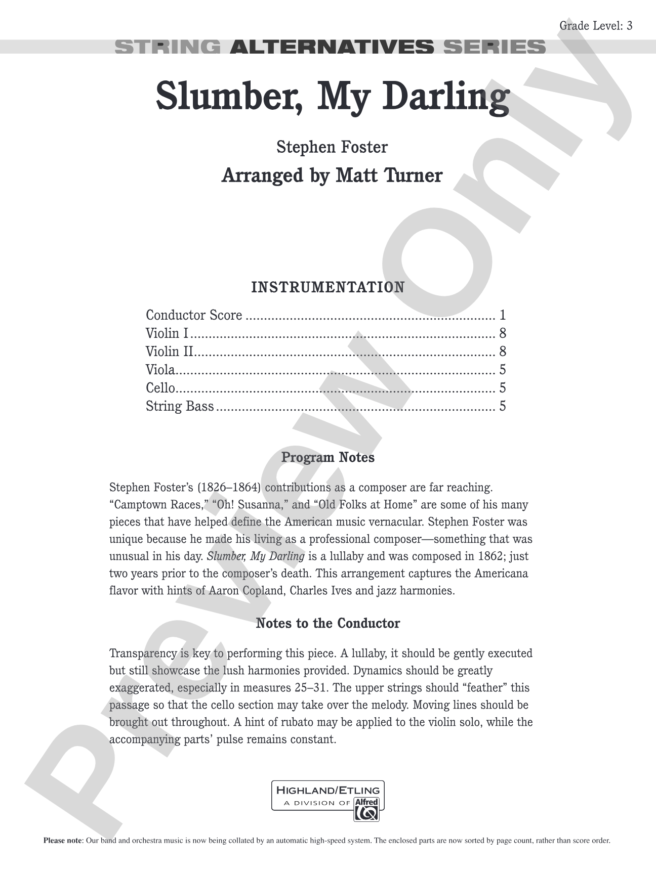 Slumber, My Darling: String Orchestra Conductor Score & Parts