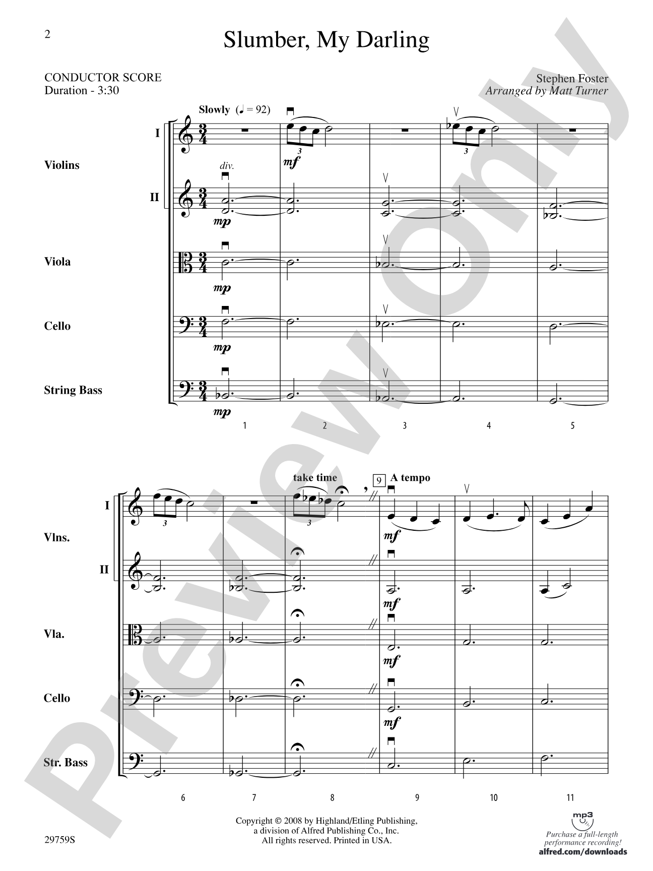 Slumber, My Darling: String Orchestra Conductor Score & Parts