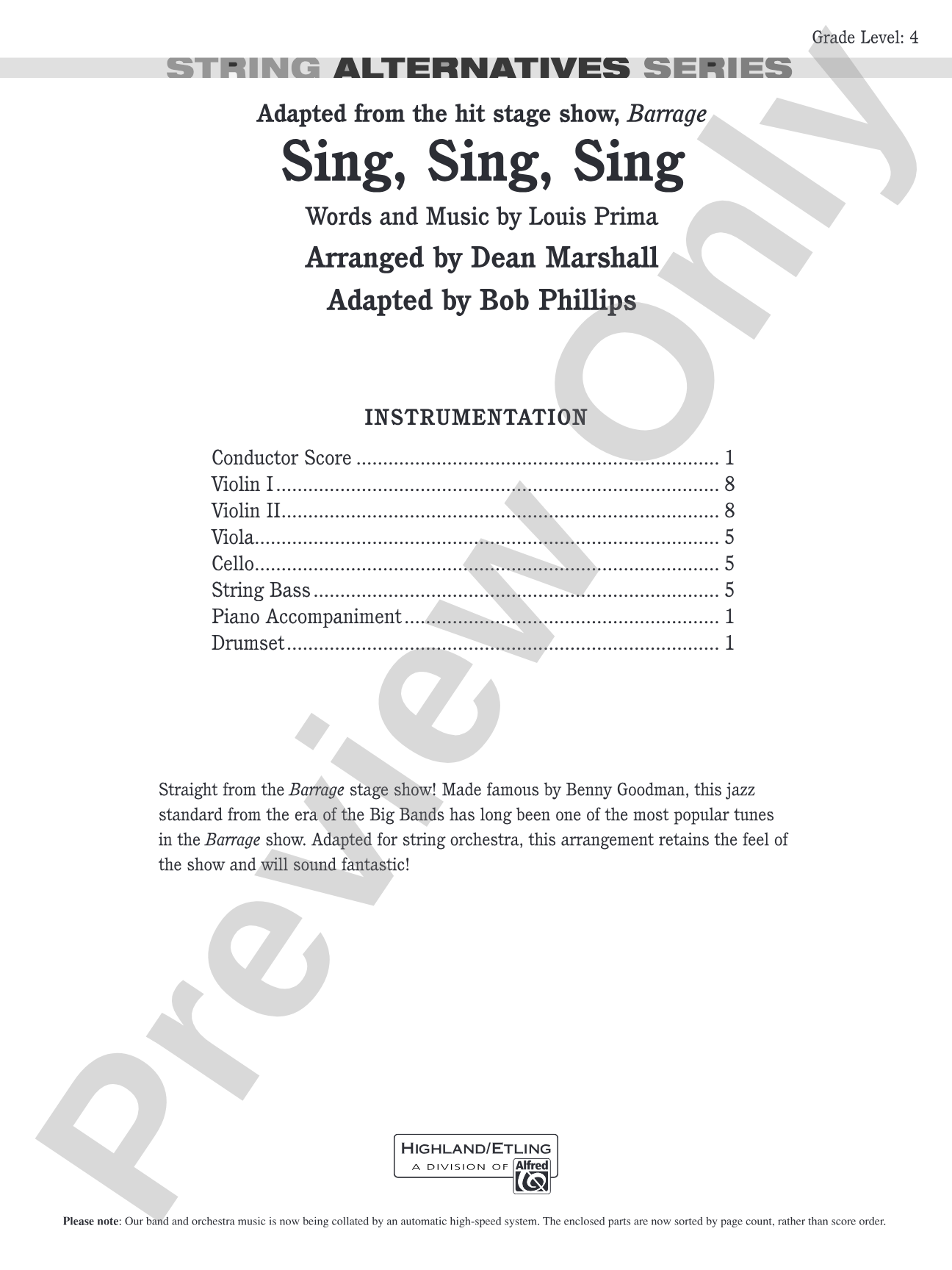 Sing, Sing, Sing (adapted from the stage show Barrage): String Orchestra Conductor Score & Parts