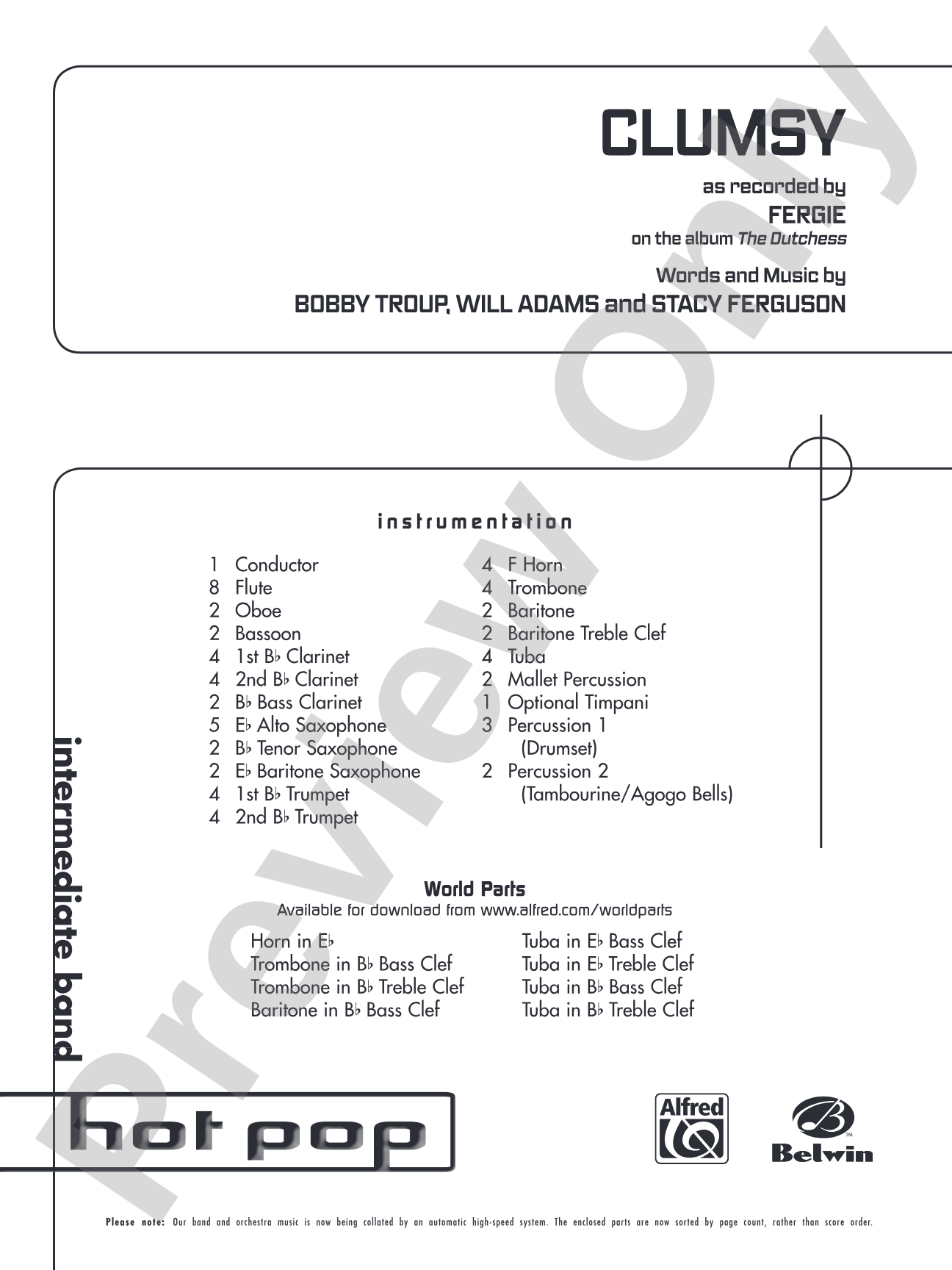 Clumsy (as recorded by Fergie on the album The Dutchess): Concert Band Conductor Score & Parts