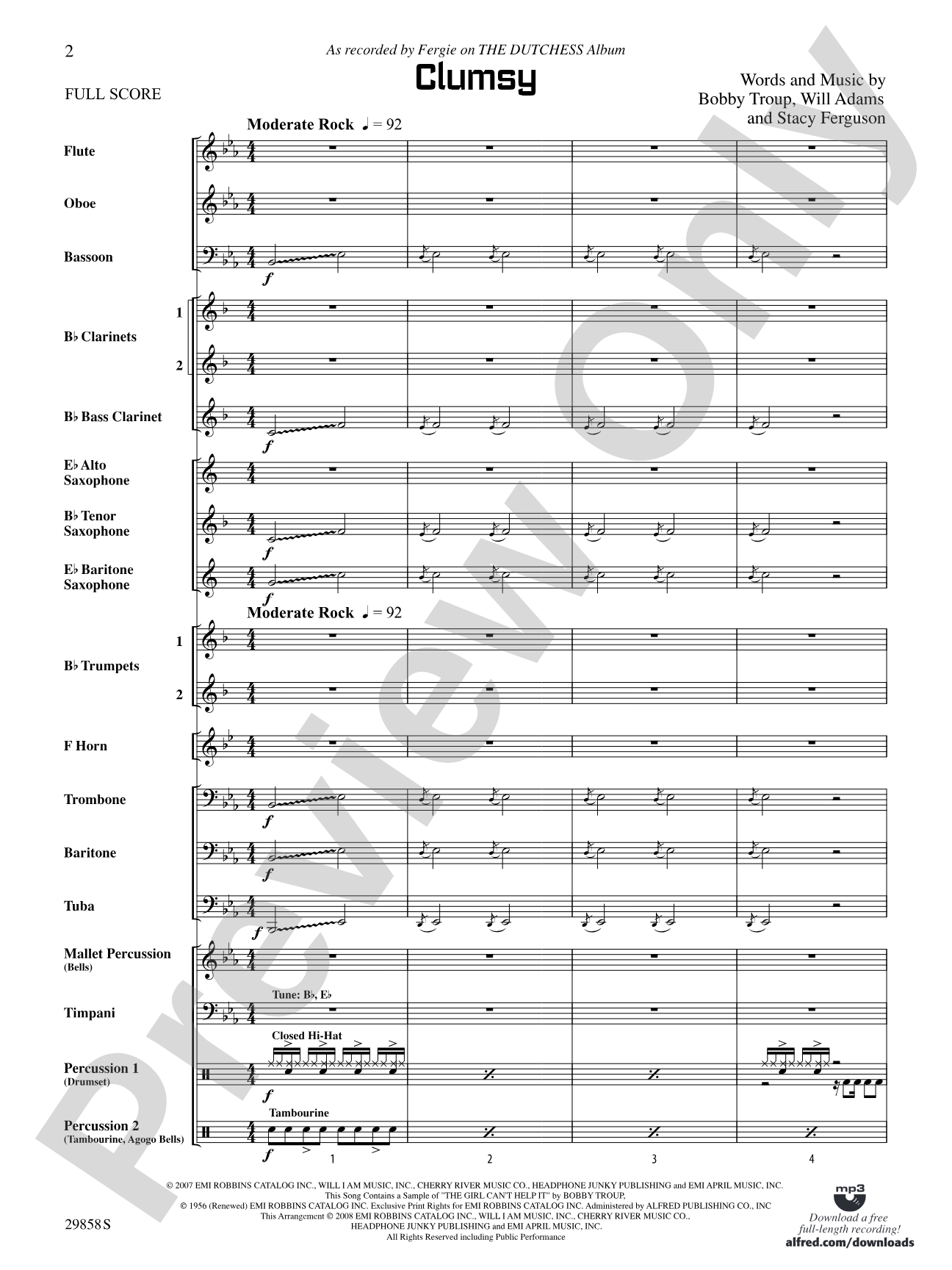 Clumsy (as recorded by Fergie on the album The Dutchess): Concert Band Conductor Score & Parts