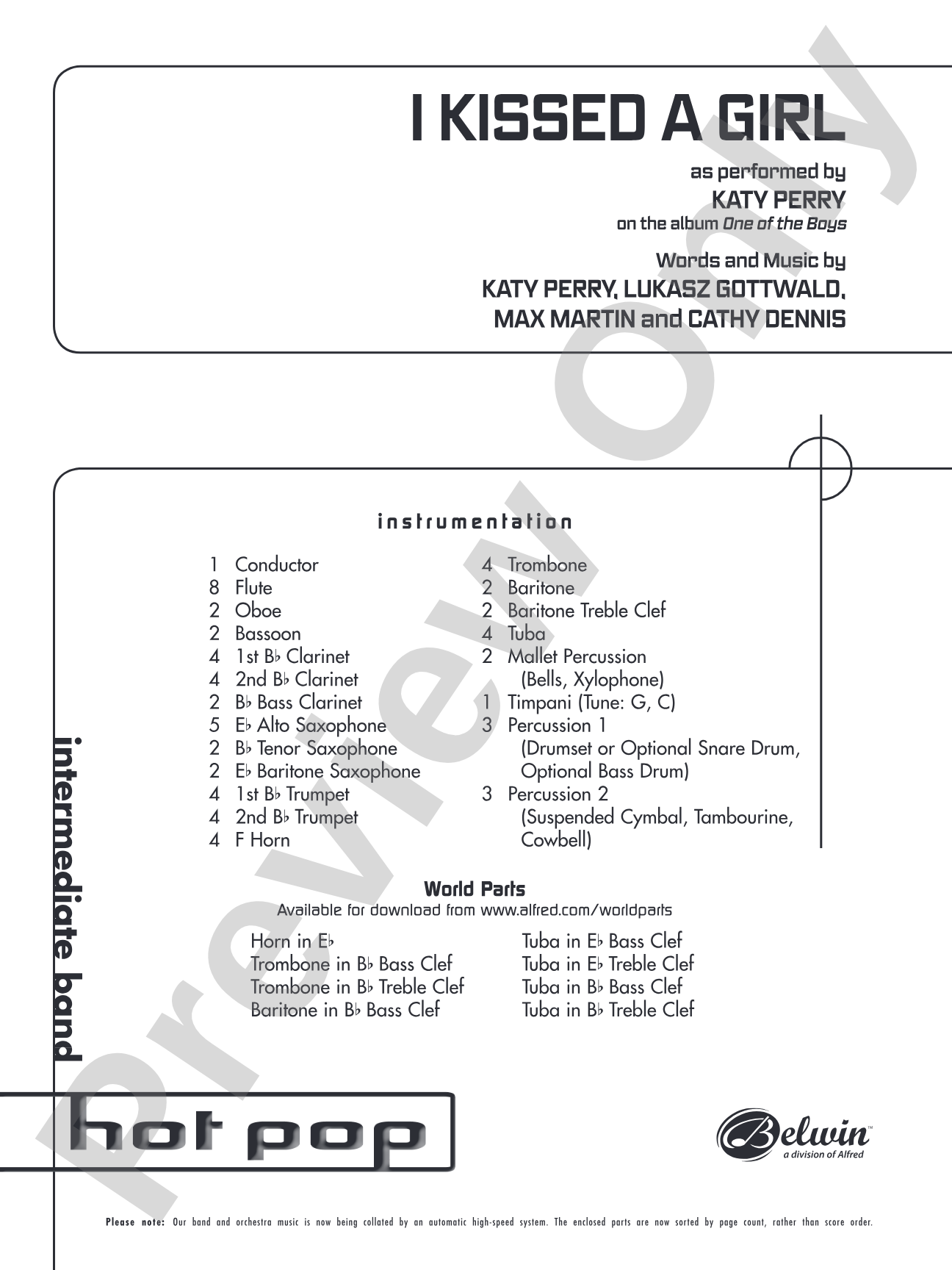 I Kissed a Girl: Concert Band Conductor Score & Parts