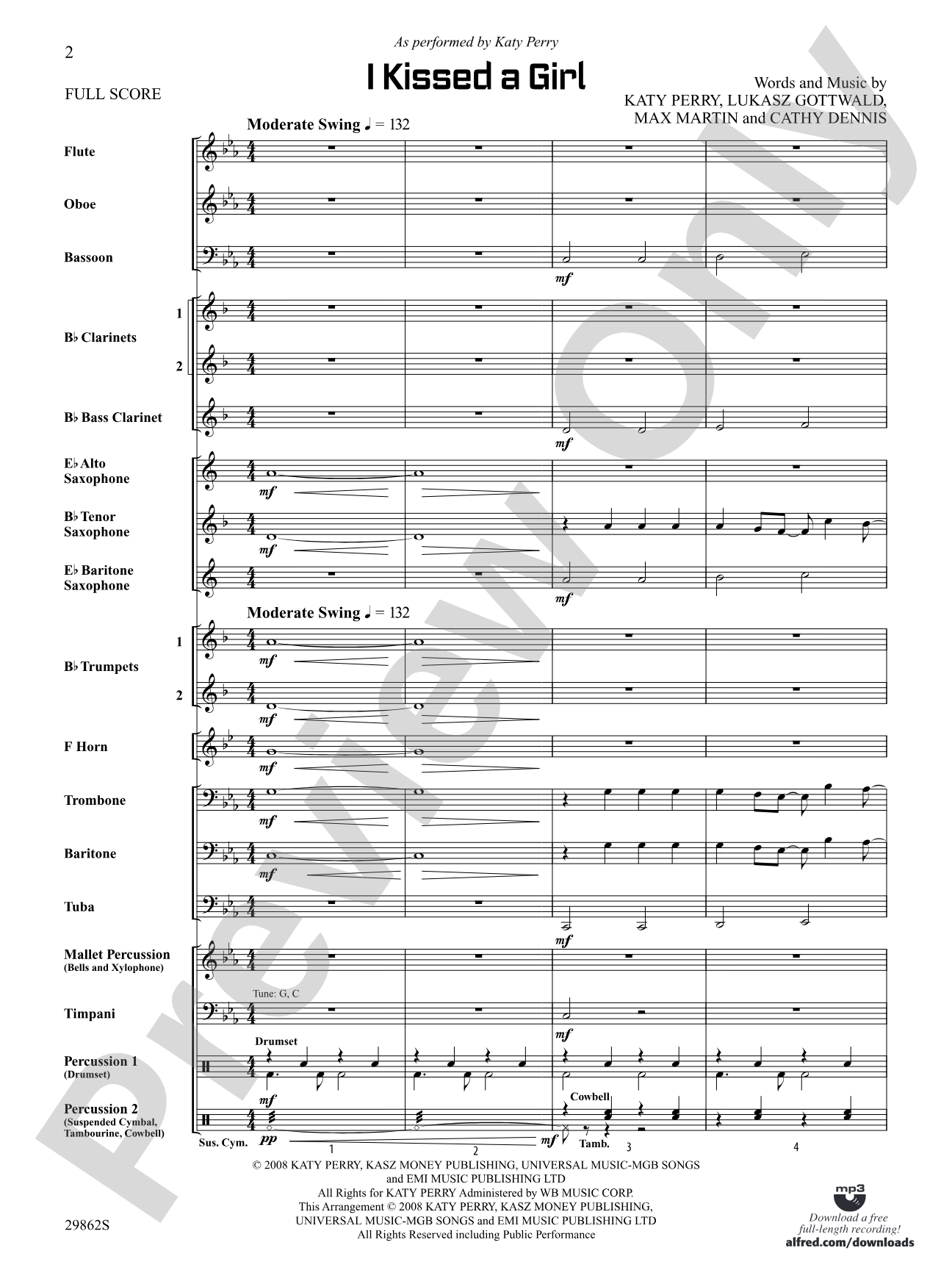 I Kissed a Girl: Concert Band Conductor Score & Parts