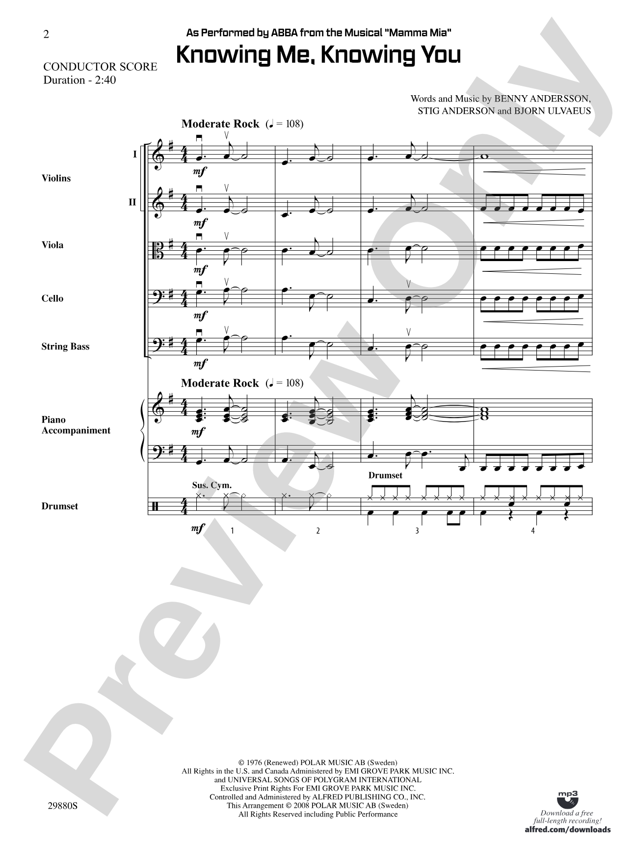 Knowing Me, Knowing You (As performed by ABBA from the musical Mamma Mia): Score