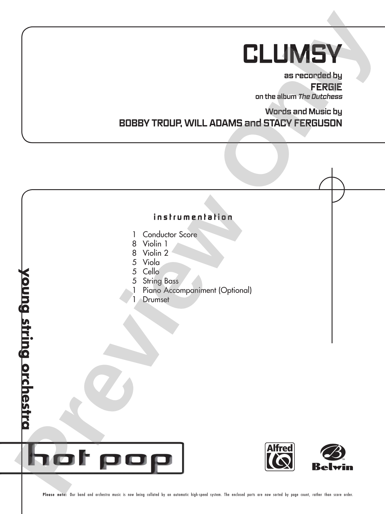 Clumsy (as recorded by Fergie on the album The Dutchess): String Orchestra Conductor Score & Parts